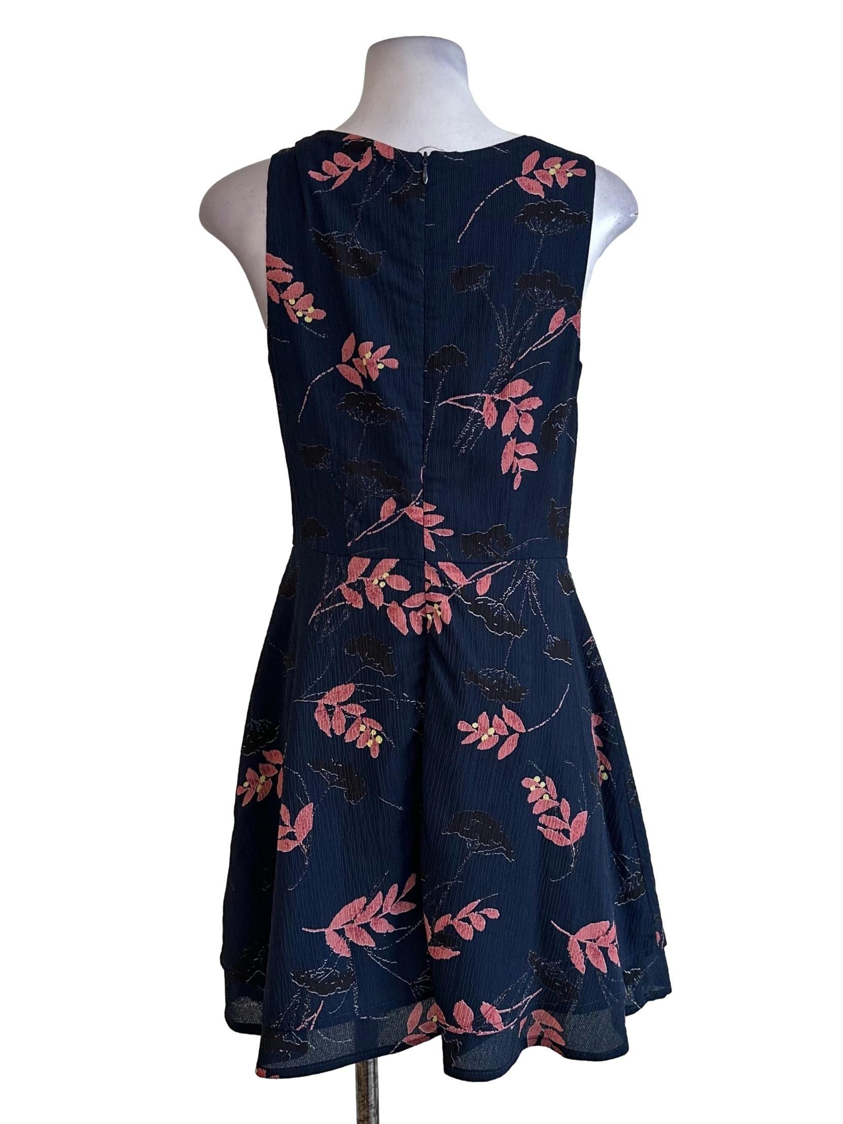 Navy Blue Textured Floral Pattern Mini Dress
