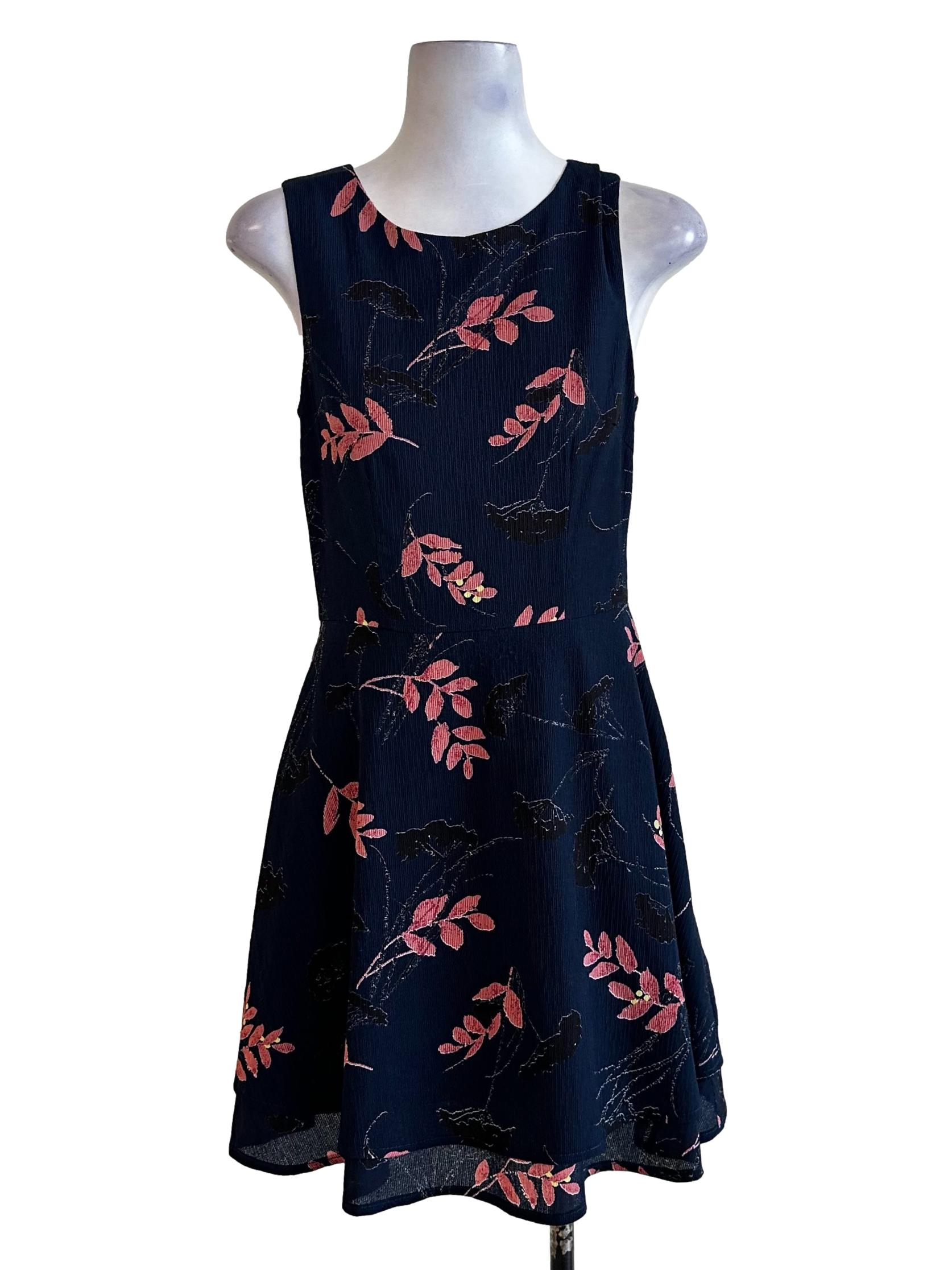 Navy Blue Textured Floral Pattern Mini Dress