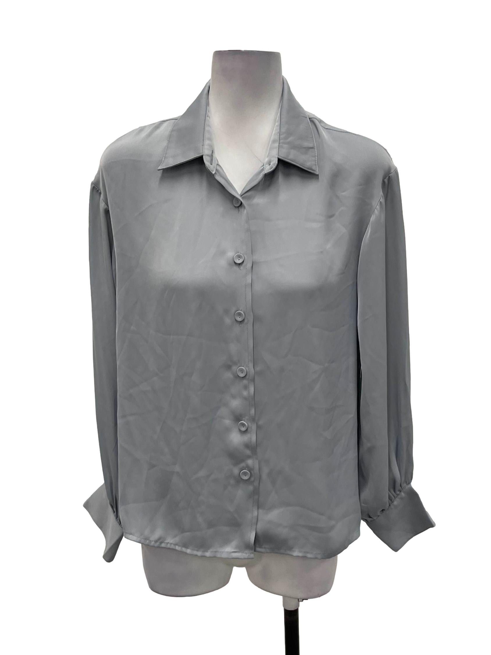 Pale Blue Satin Button Down Blouse