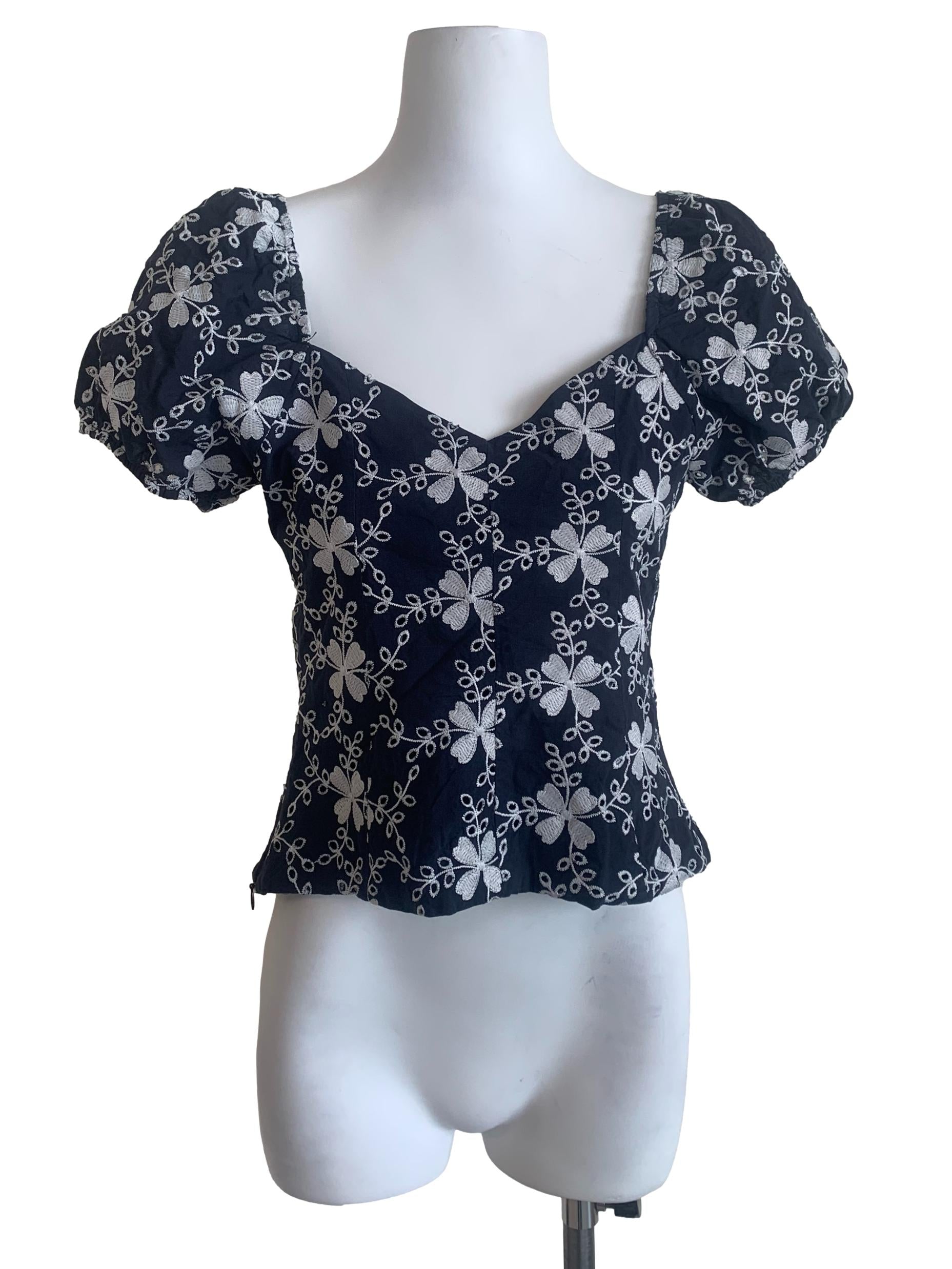 Indigo Blue Floral Pattern Puff Sleeves Top