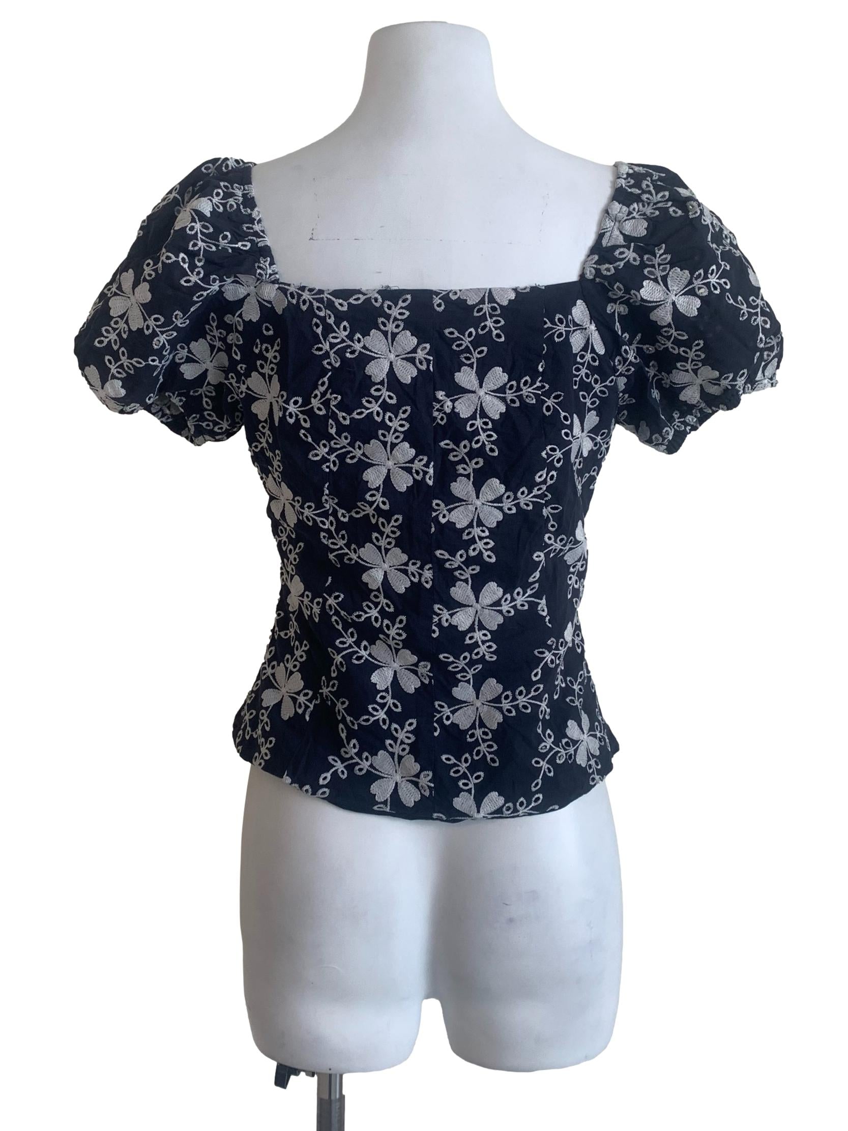 Indigo Blue Floral Pattern Puff Sleeves Top