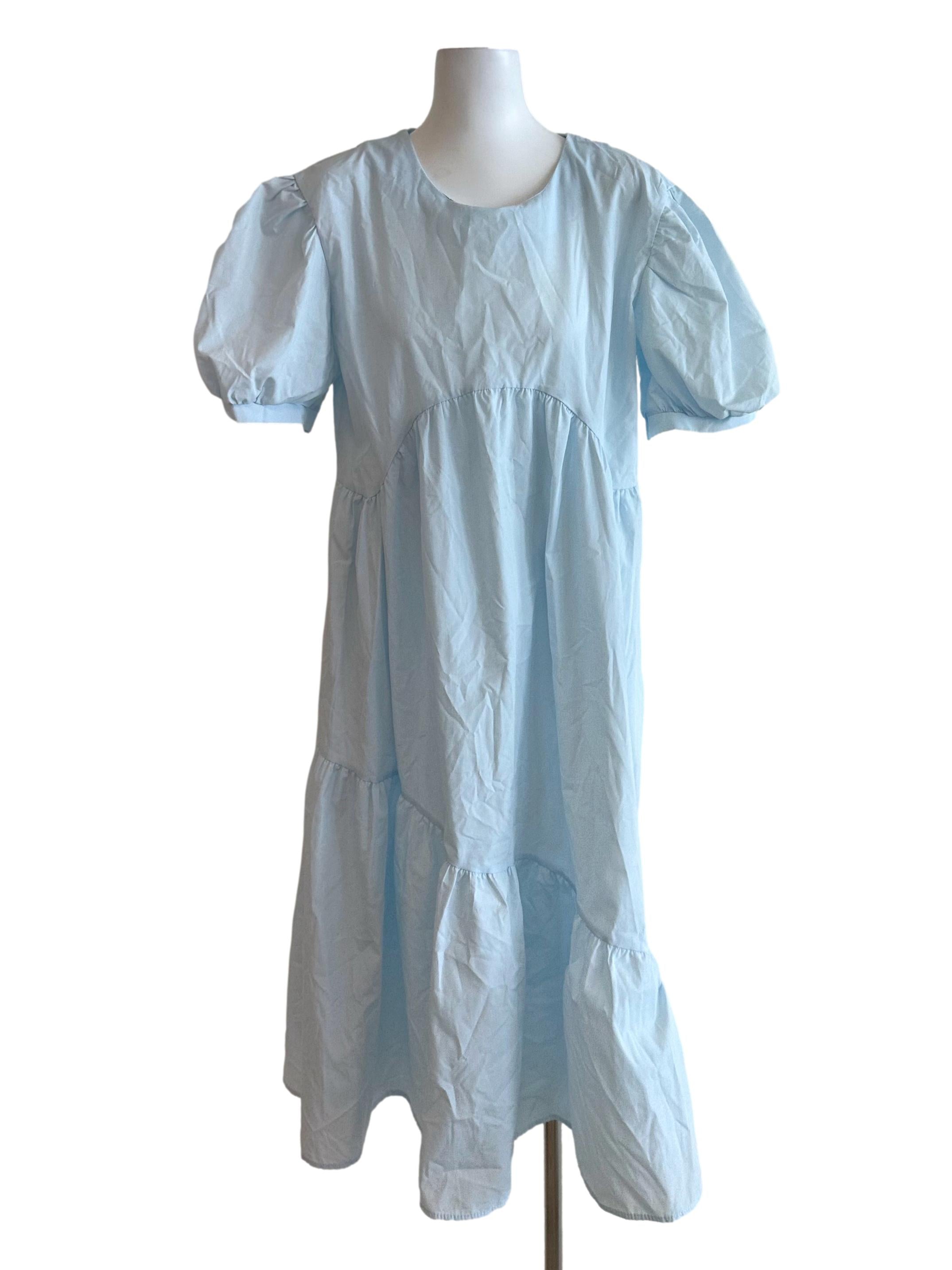 Baby Blue Puff Sleeve Tiered Dress