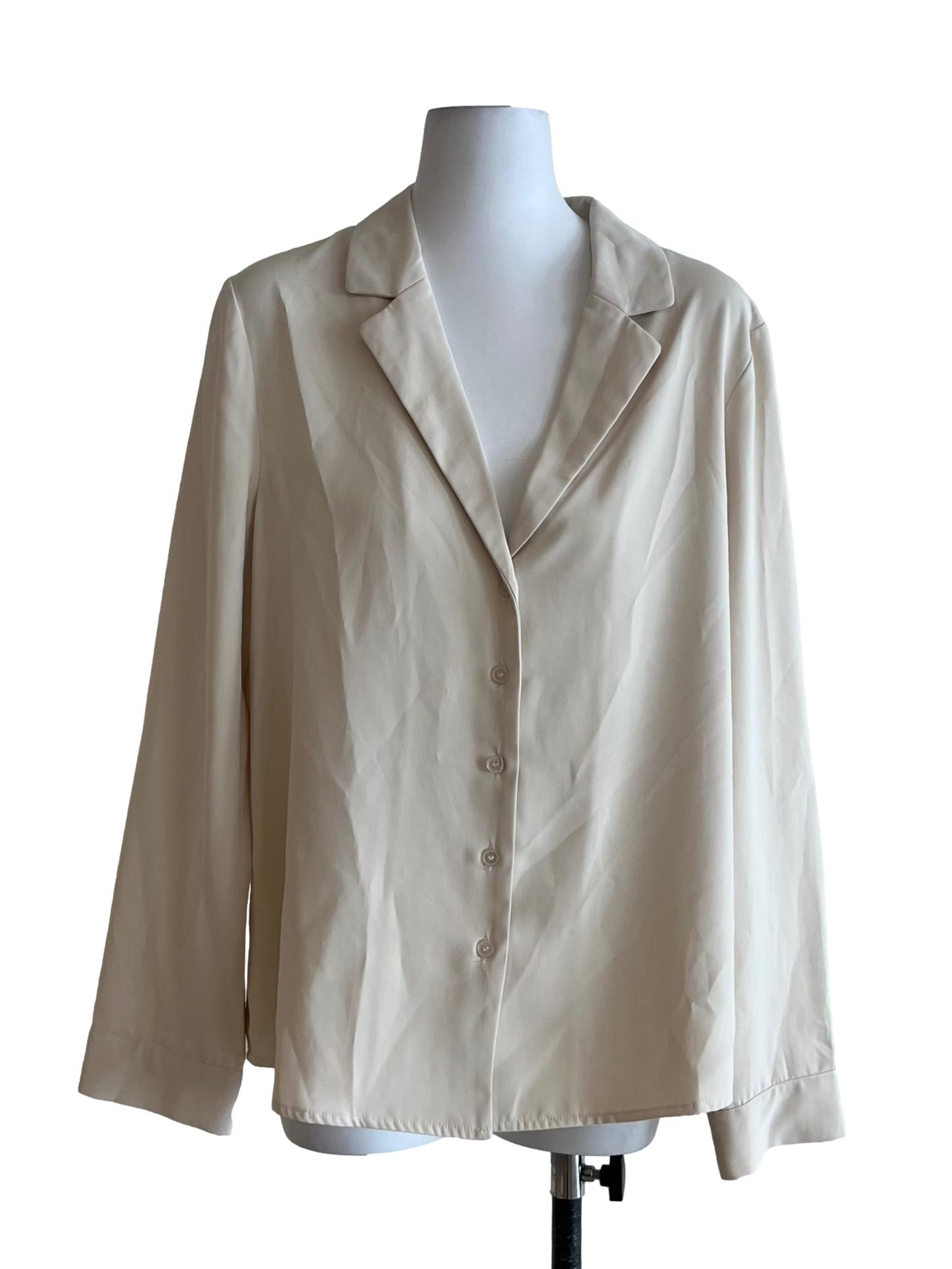 Beige Notched Collar Button-Down Blouse