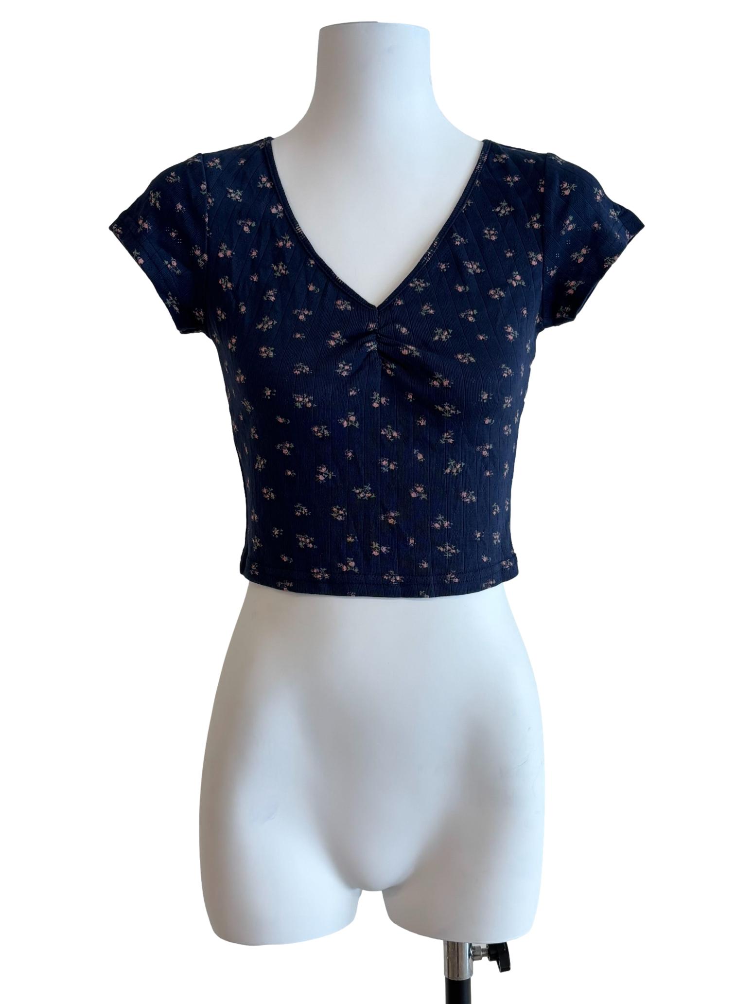 Navy Blue Floral V Neck Top