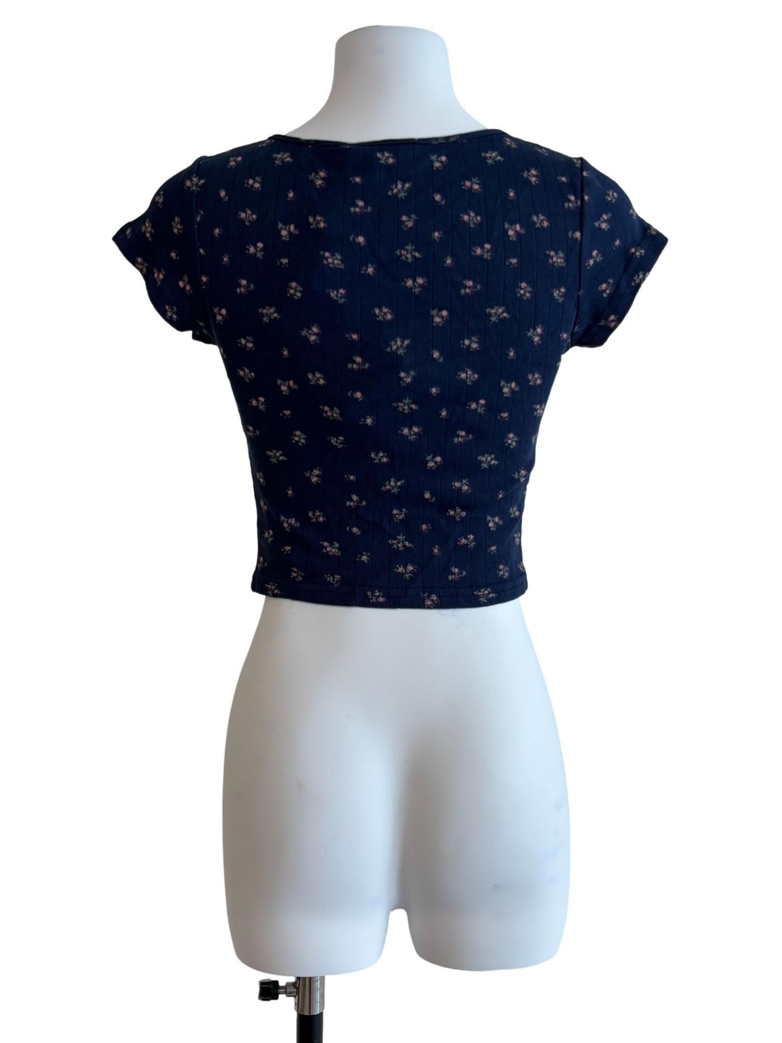 Navy Blue Floral V Neck Top