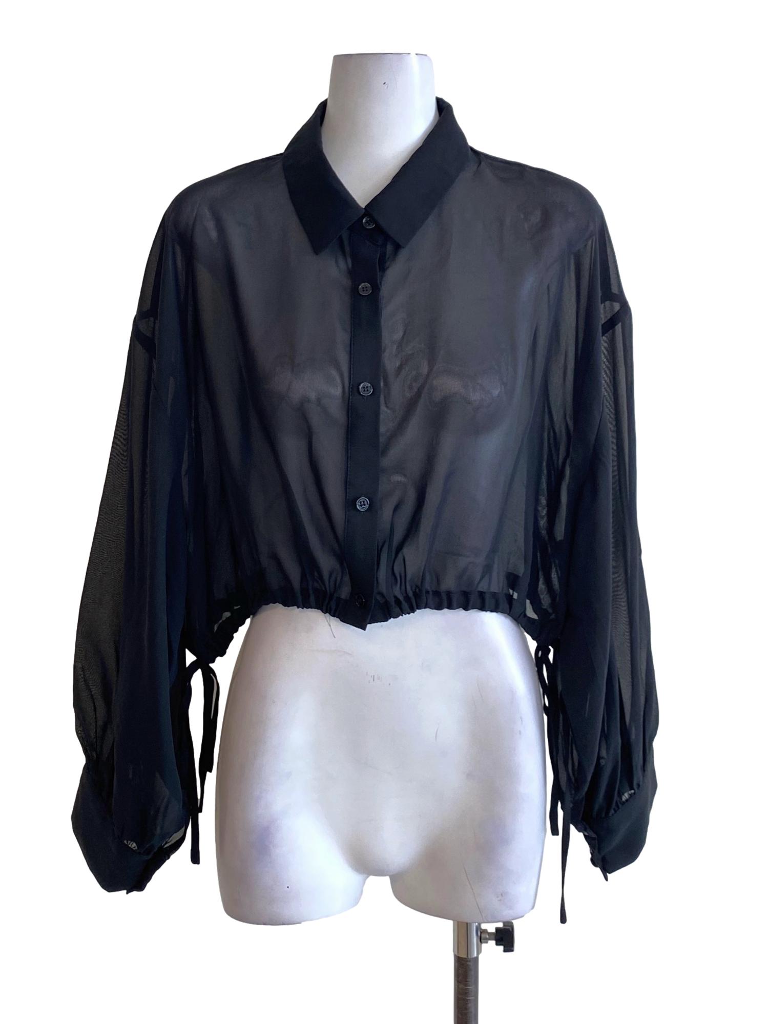 Jet Black Wing Collar Buttoned Down Sheer Cropped Shirt Blouse