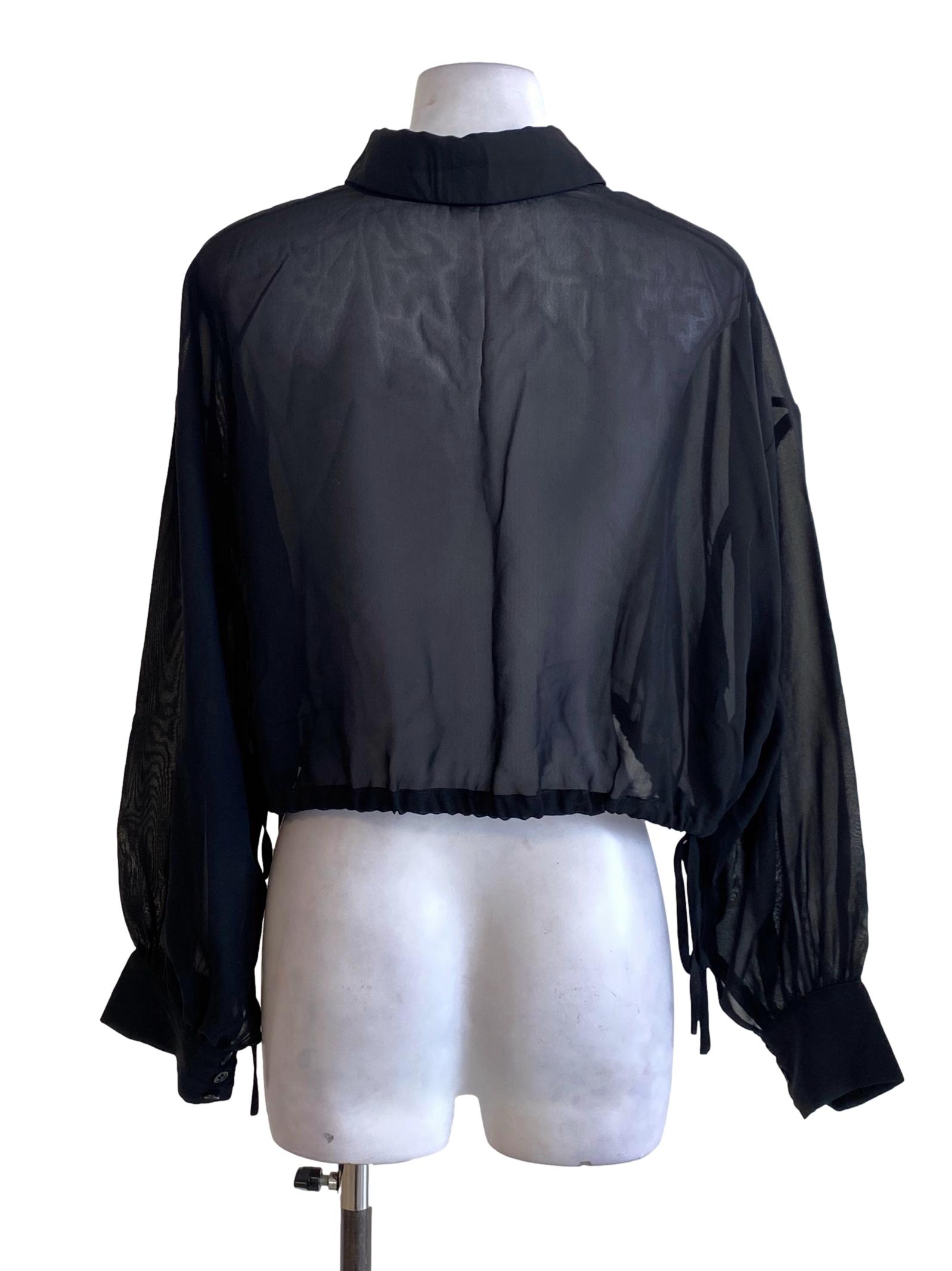 Jet Black Wing Collar Buttoned Down Sheer Cropped Shirt Blouse