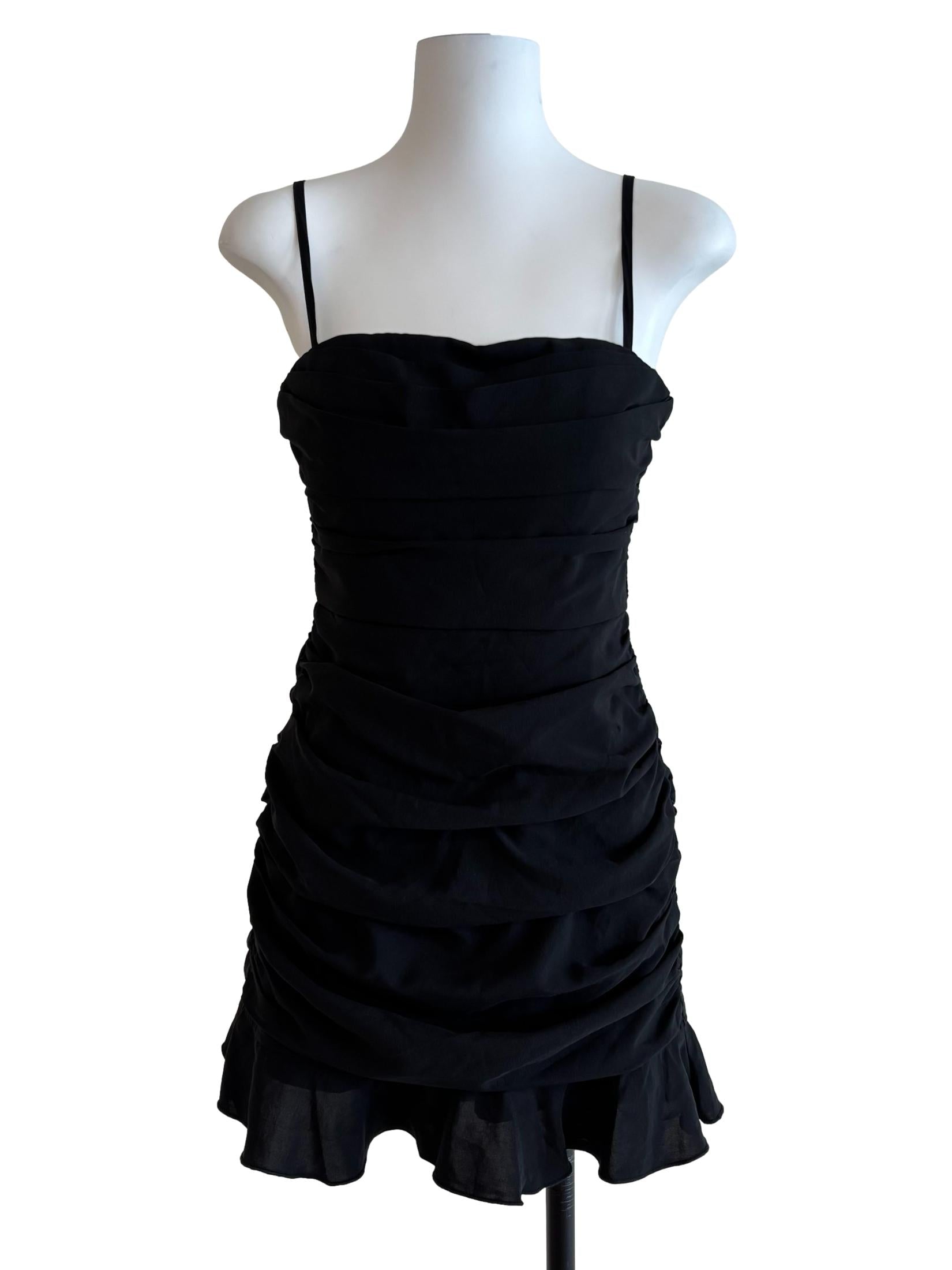 Jet Black Pleated Drape Mini Dress