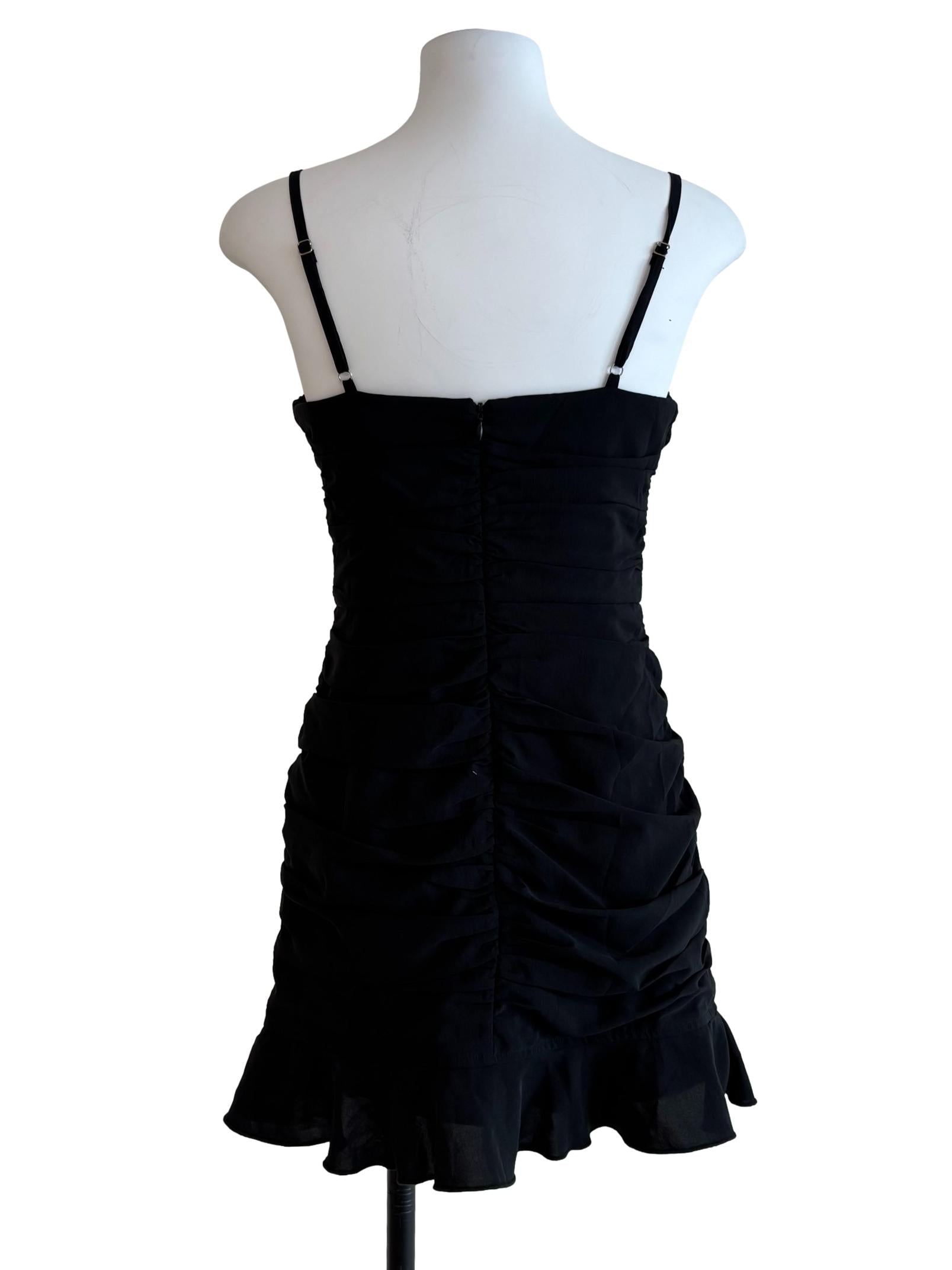 Jet Black Pleated Drape Mini Dress