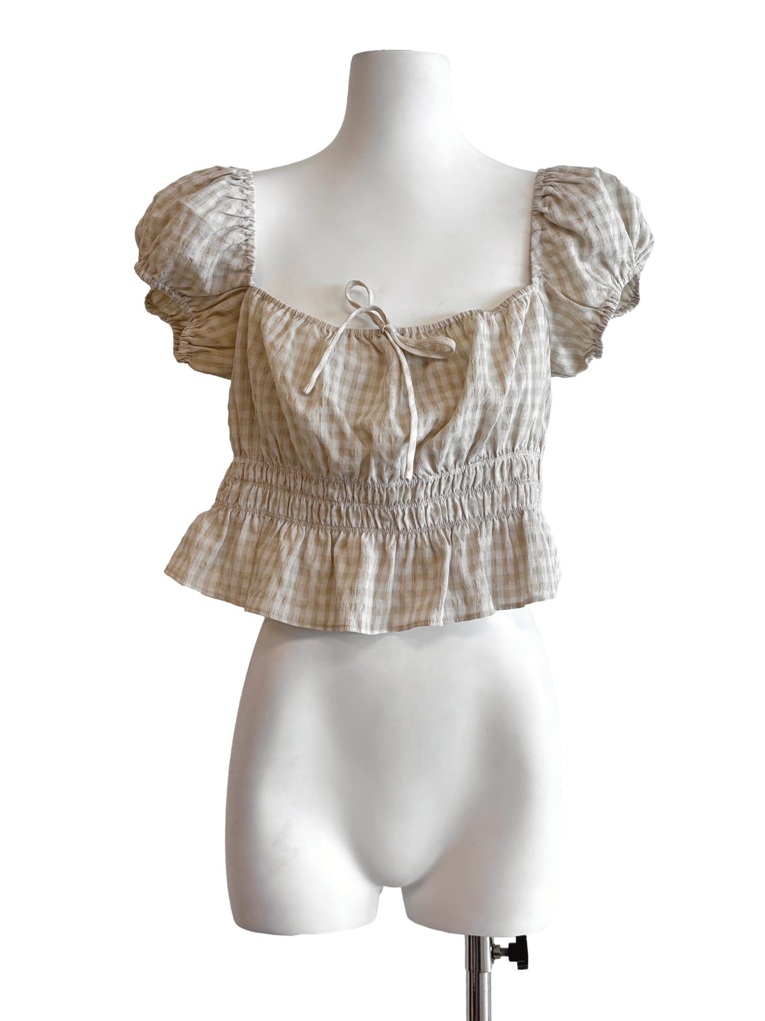 Beige Gingham Crop Baby Doll Top