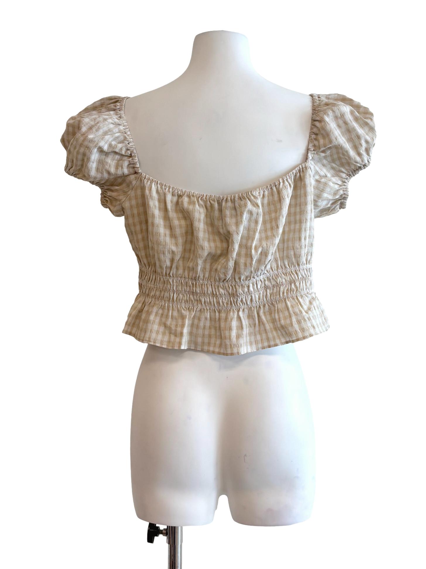 Beige Gingham Crop Baby Doll Top