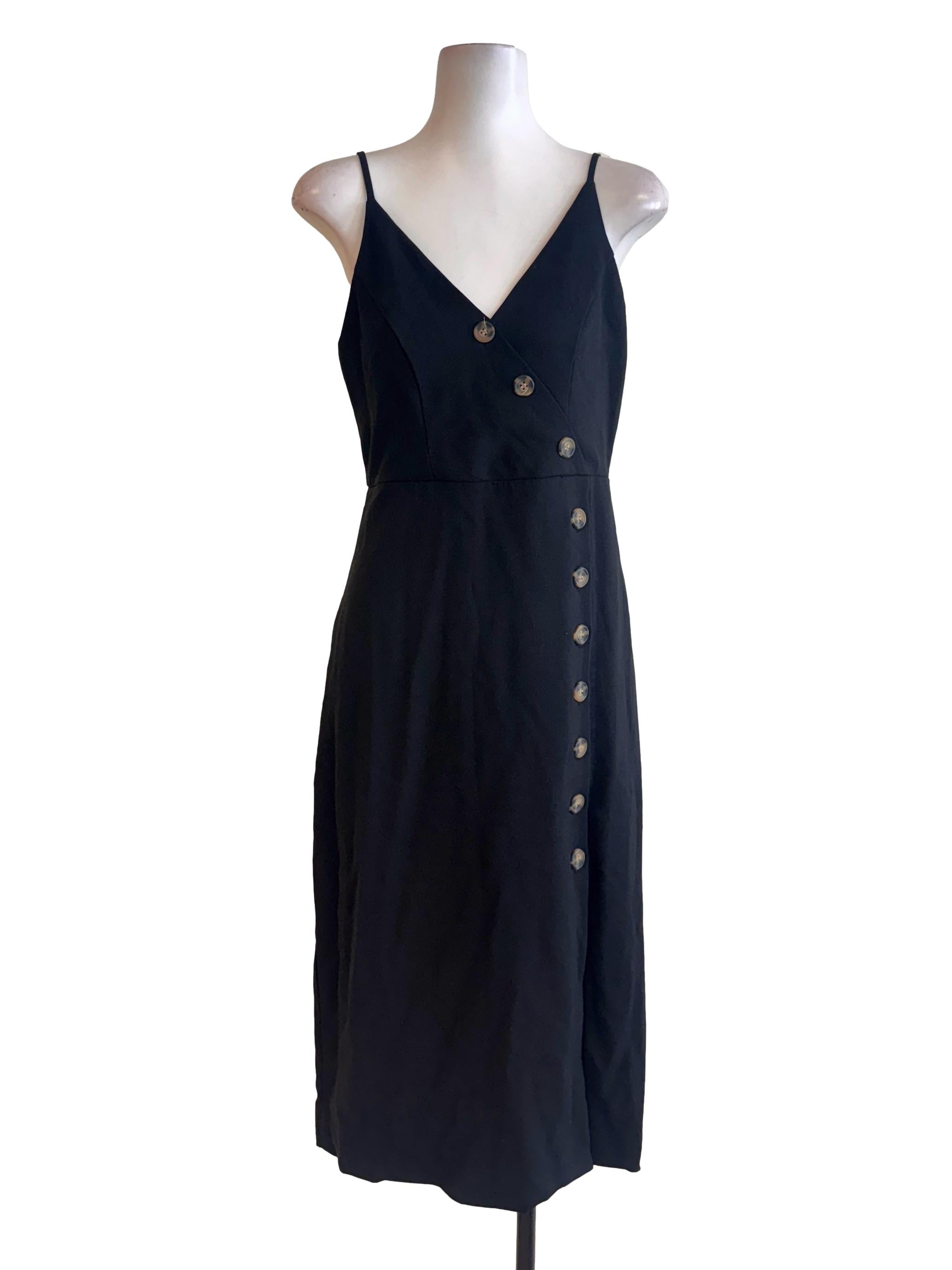 Black Buttoned Spaghetti Strap Dress TEM