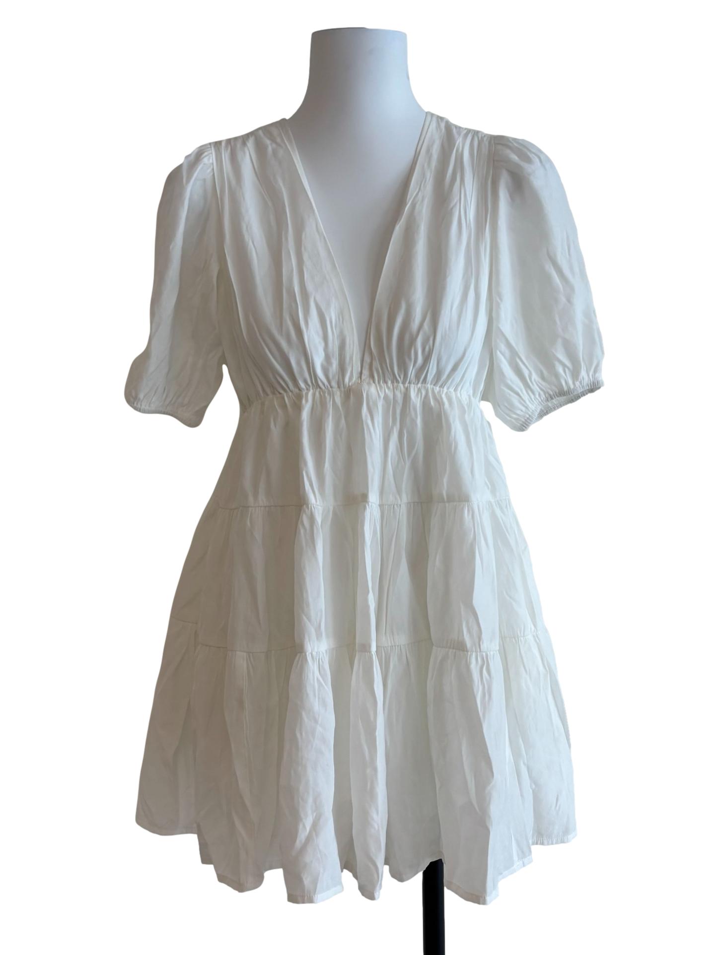 Daisy White Tiered Deep V Mini Dress