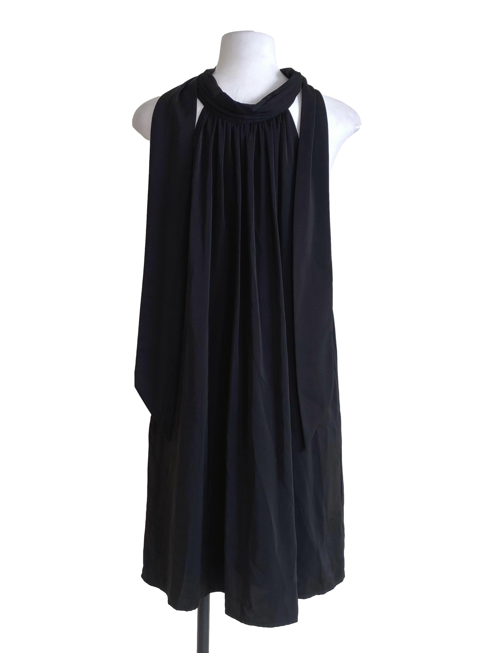 Jet Black Pleated V-Neck Dress