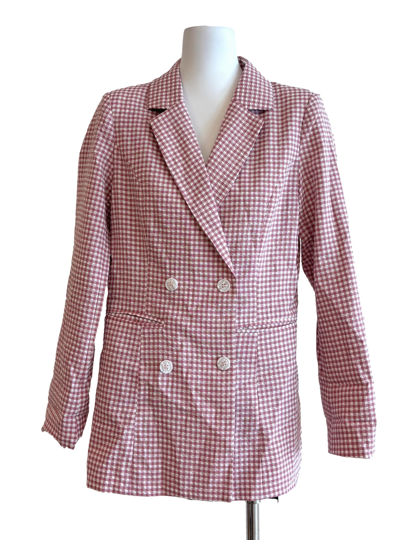 Blush Pink Checkered Double Button Blazer