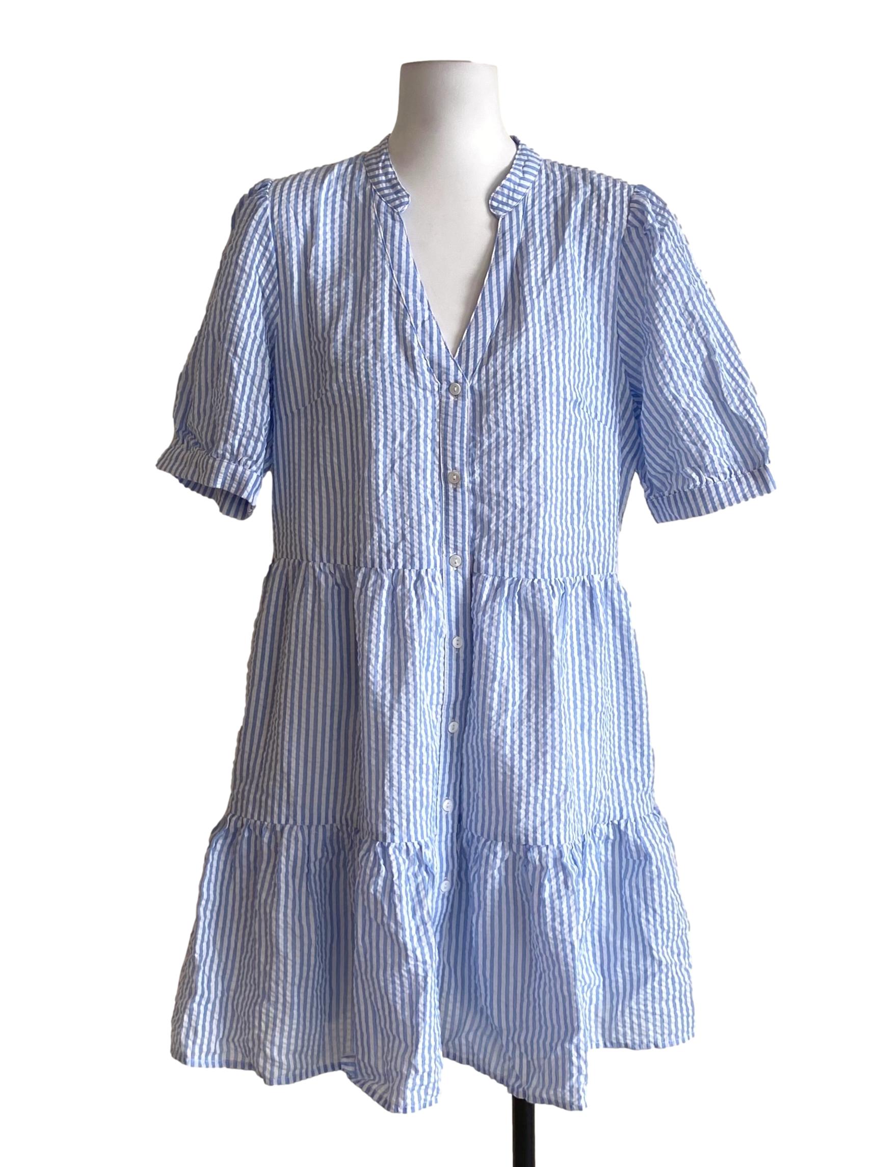 Cerulean Blue And White Striped V-Neck Dress