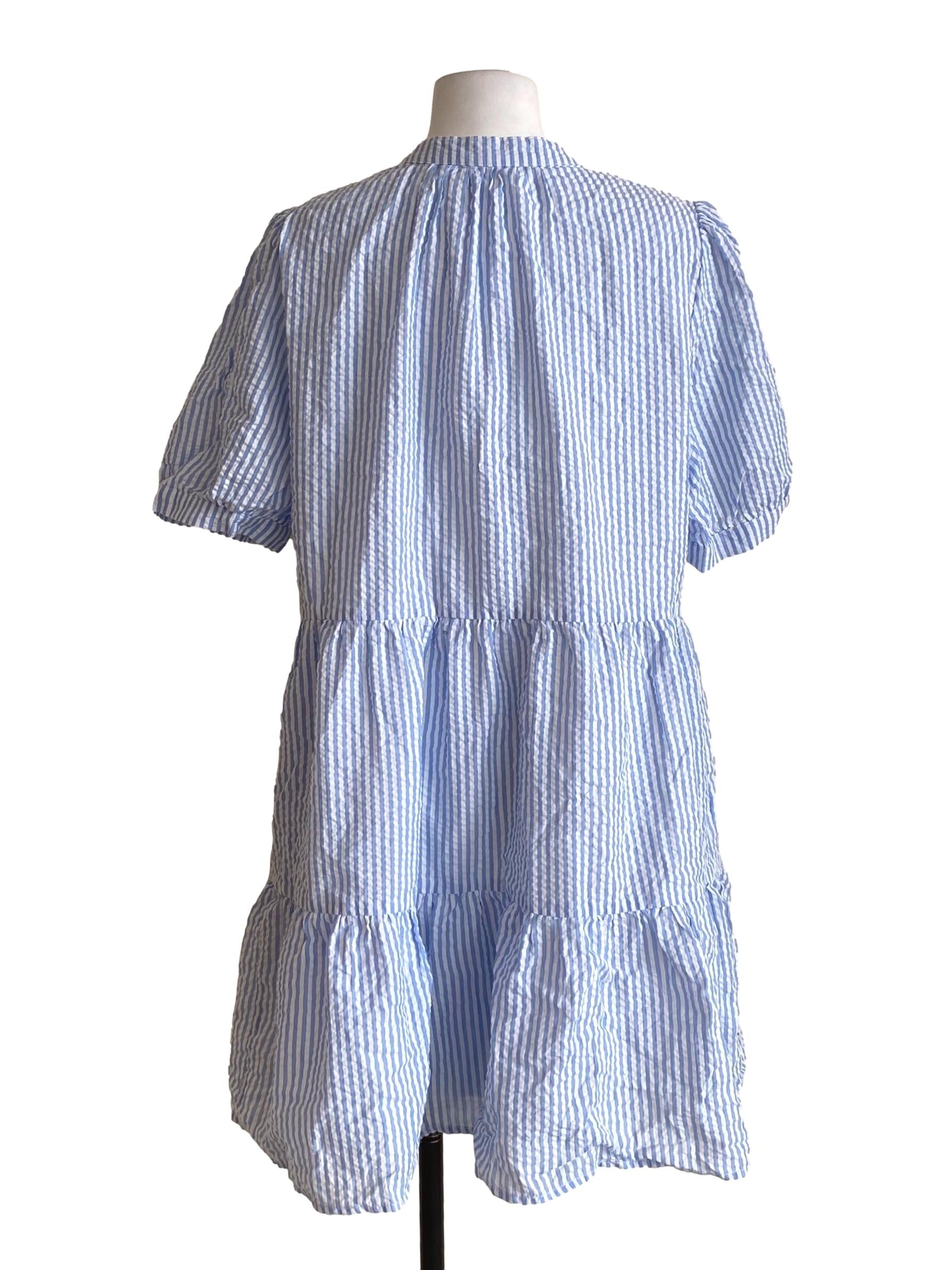 Cerulean Blue And White Striped V-Neck Dress
