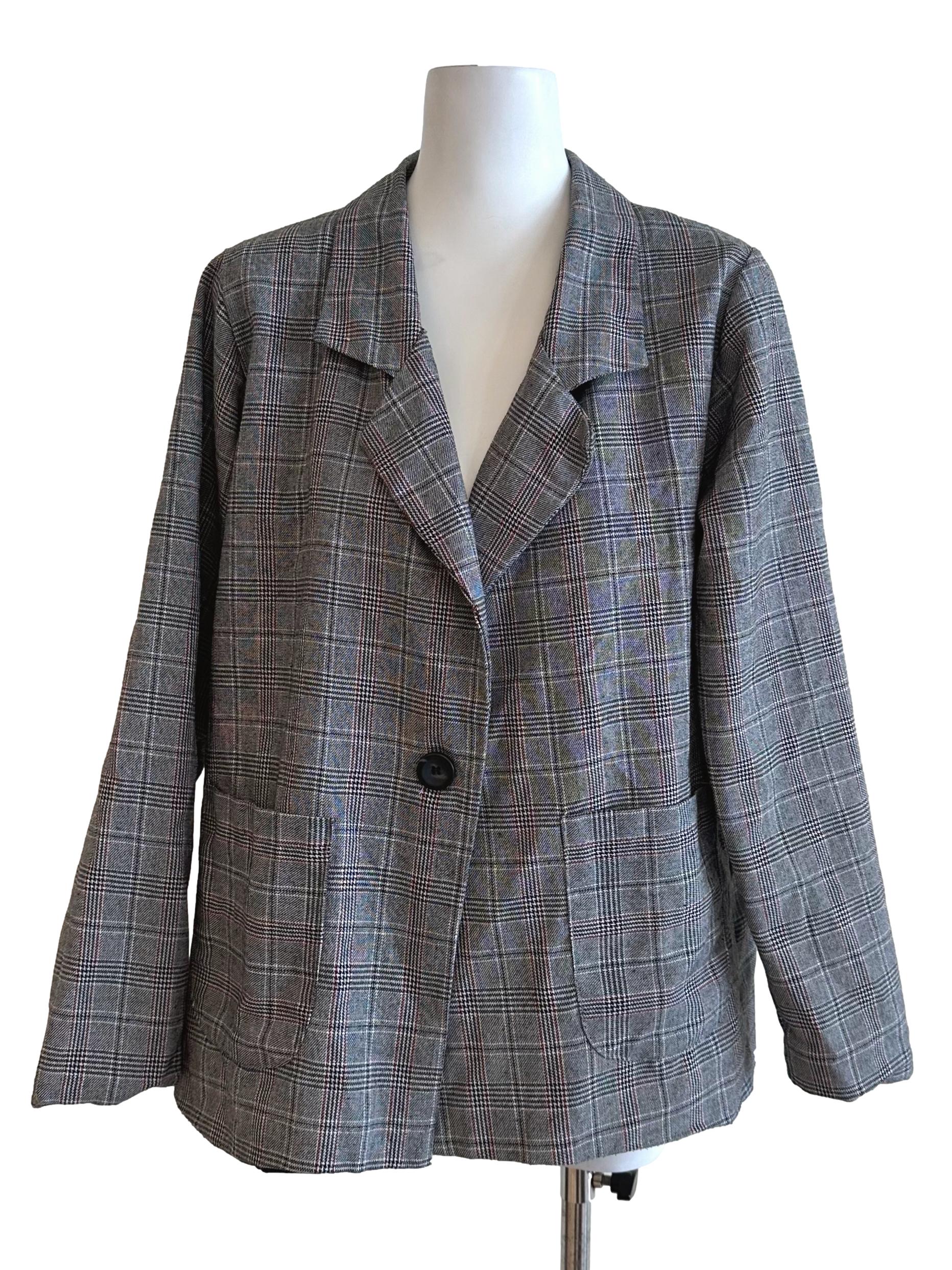 Dark Grey Plaid Collar Blazer