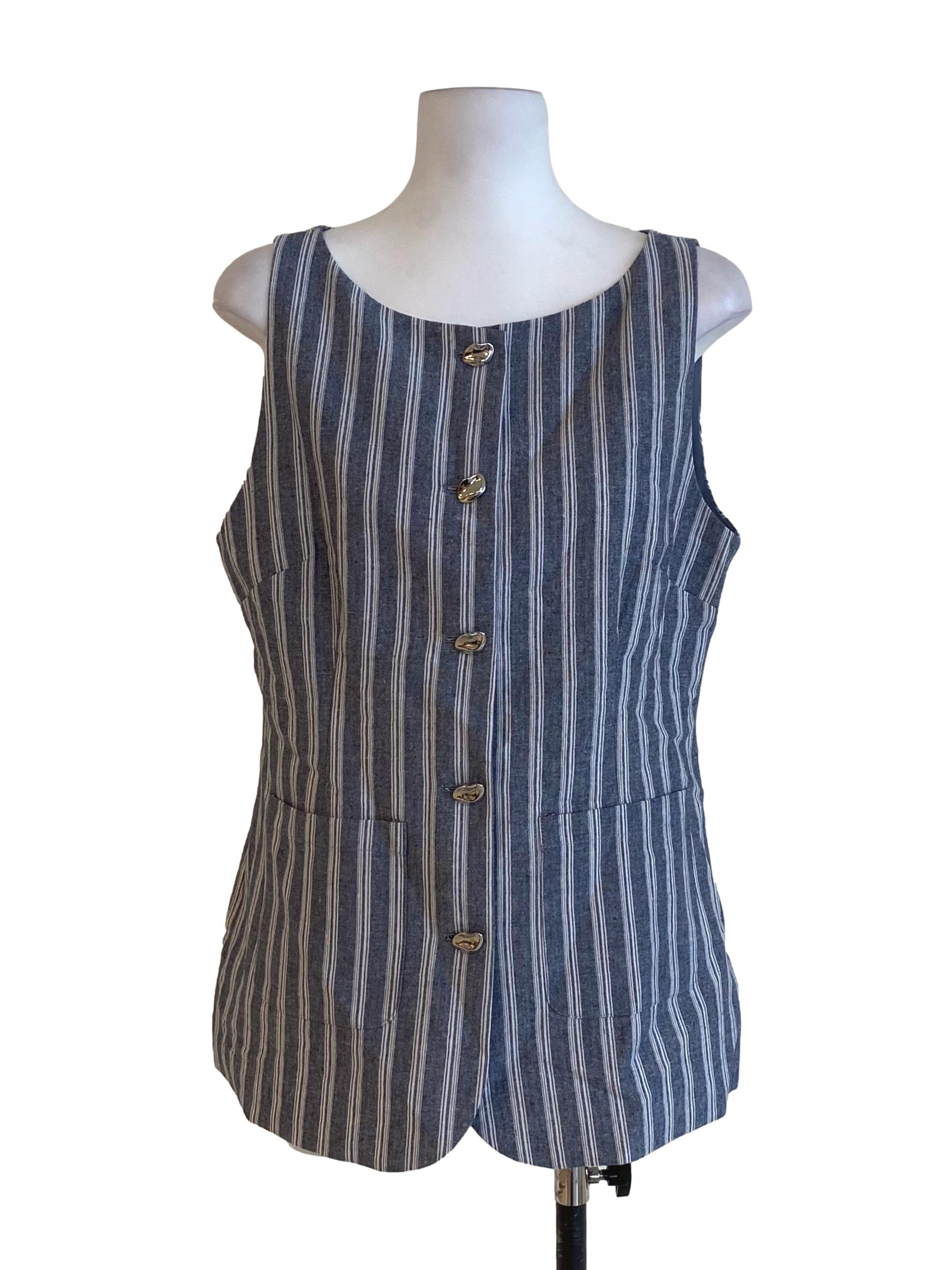 Stone Blue And White Striped Button Down Vest