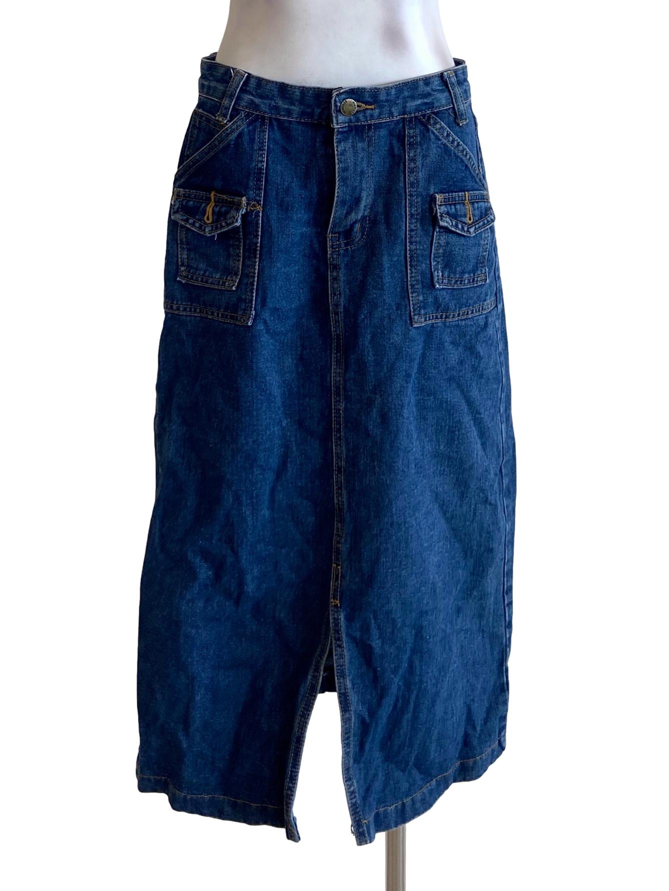 Blue Herringbone Cargo Slit Jeans Skirt