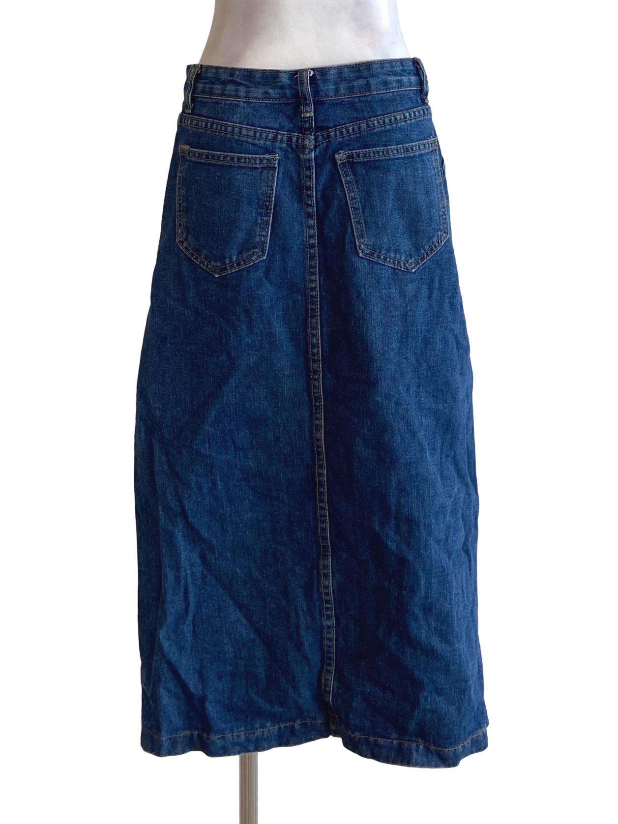 Blue Herringbone Cargo Slit Jeans Skirt
