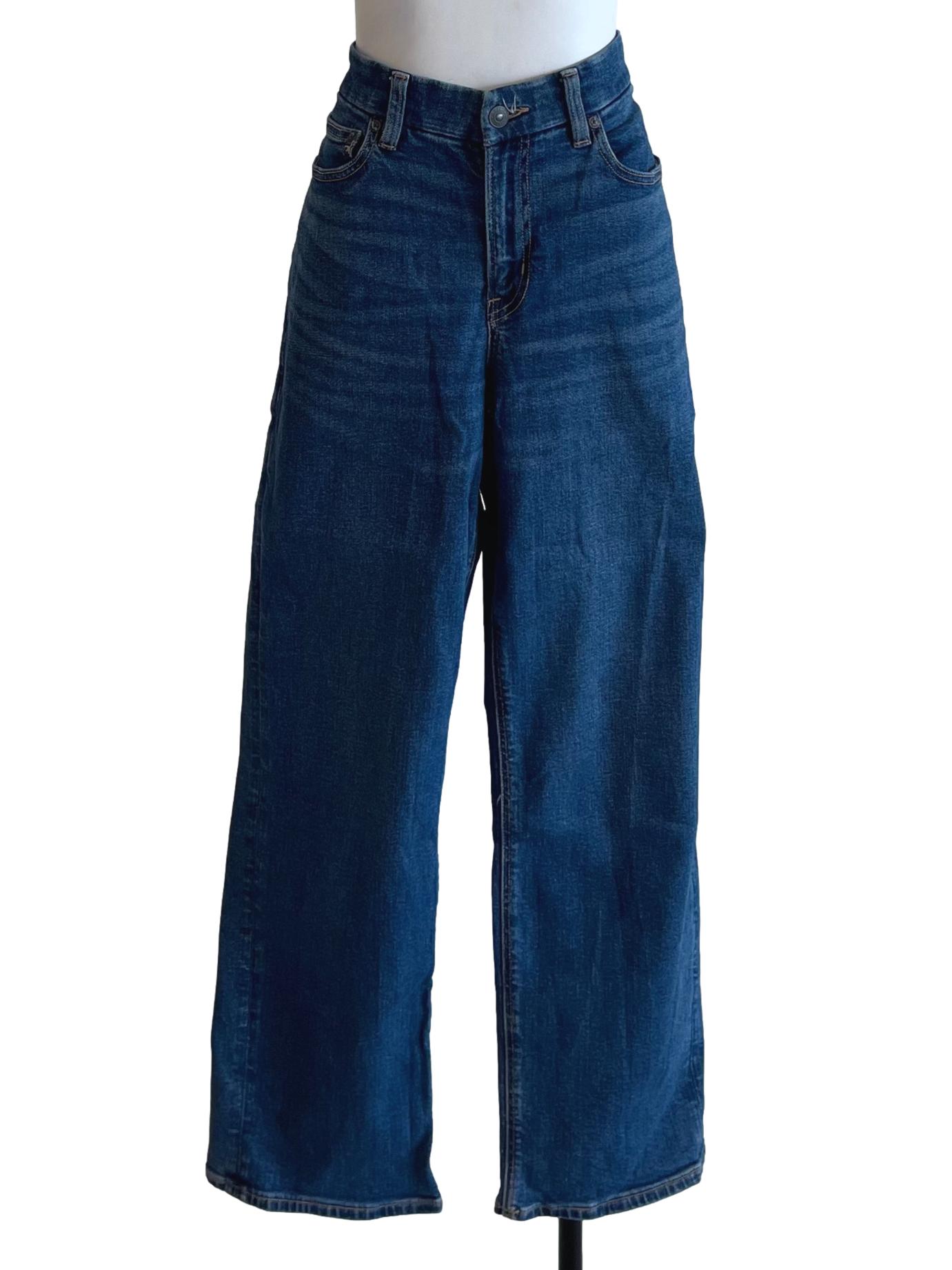 Blue Denim Plain Wide-Leg Jeans