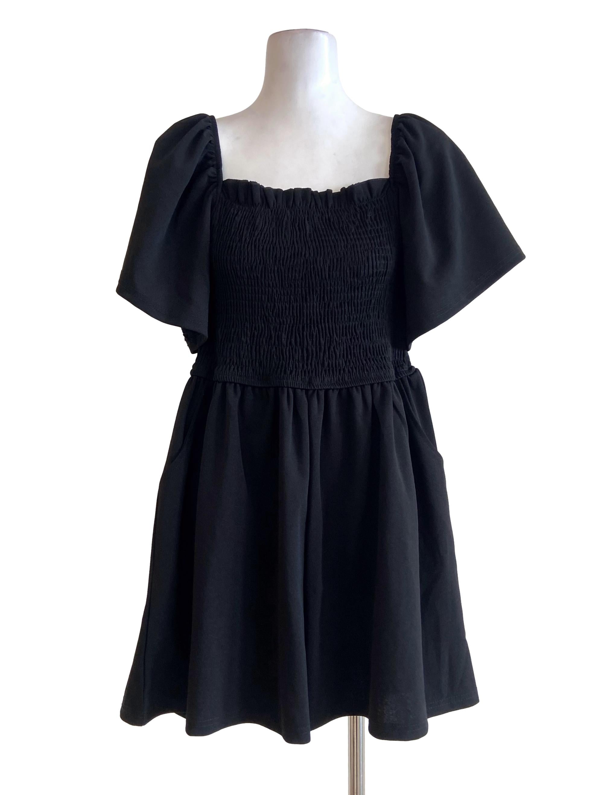 Black Circular-Cap Sleeve Twill Romper