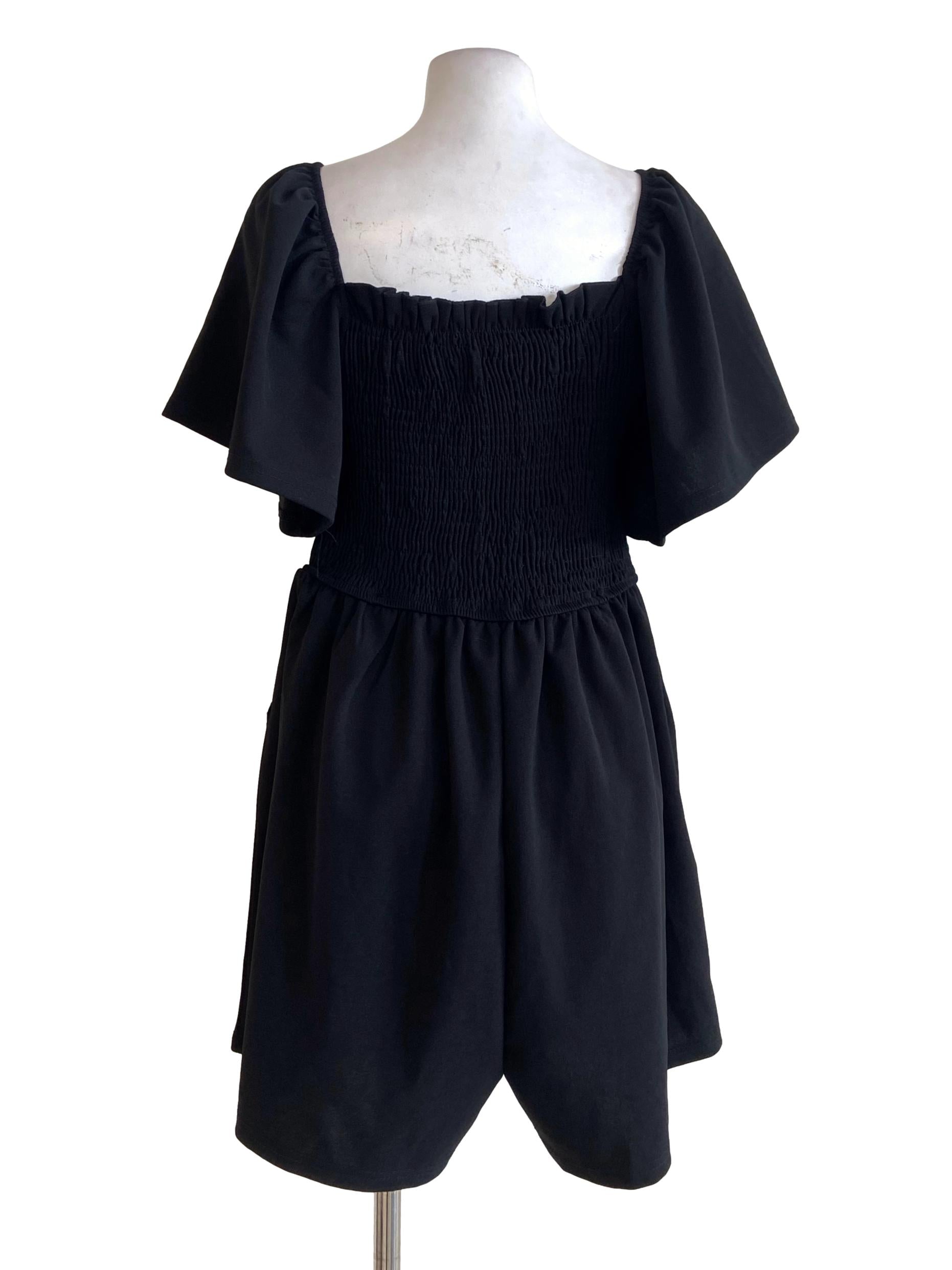 Black Circular-Cap Sleeve Twill Romper