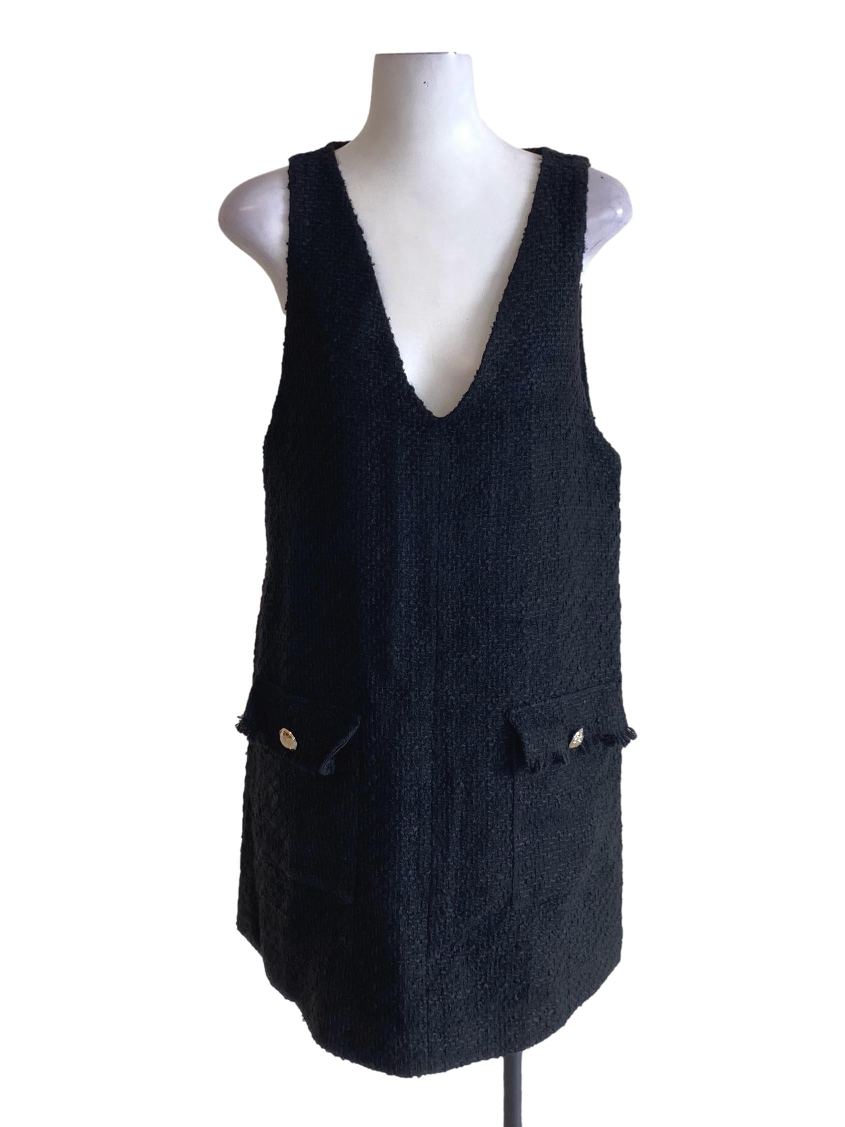 Jet Black Boucle V-Neck Tweed Shift Dress