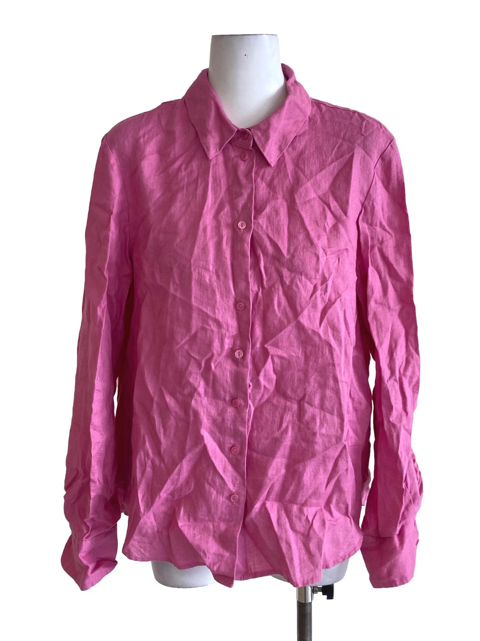 Bubblegum Pink Buttoned Down Wing Collar Long Sleeve Shirt Blouse