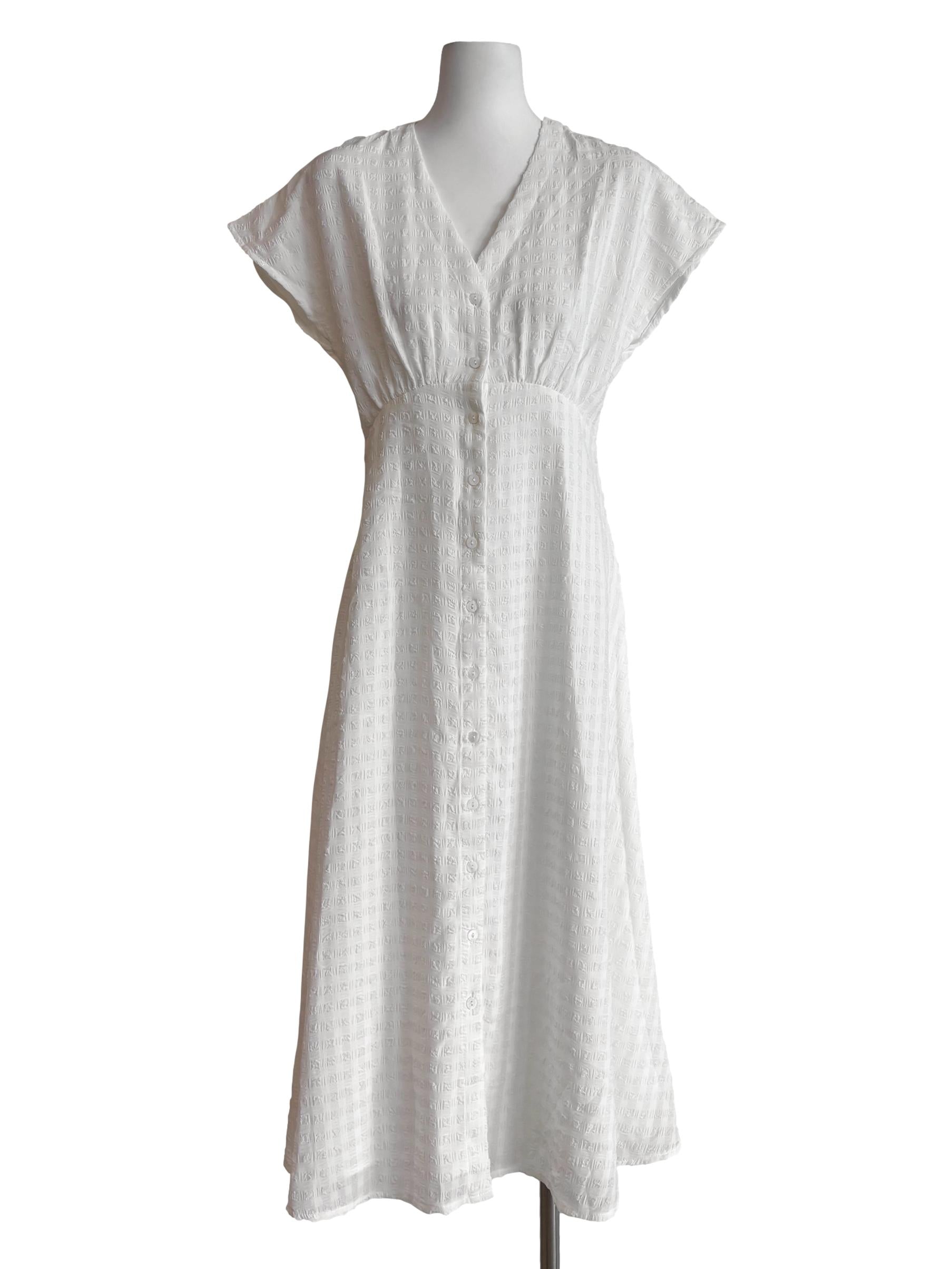 Powder White Textured Buttoned Dress LB