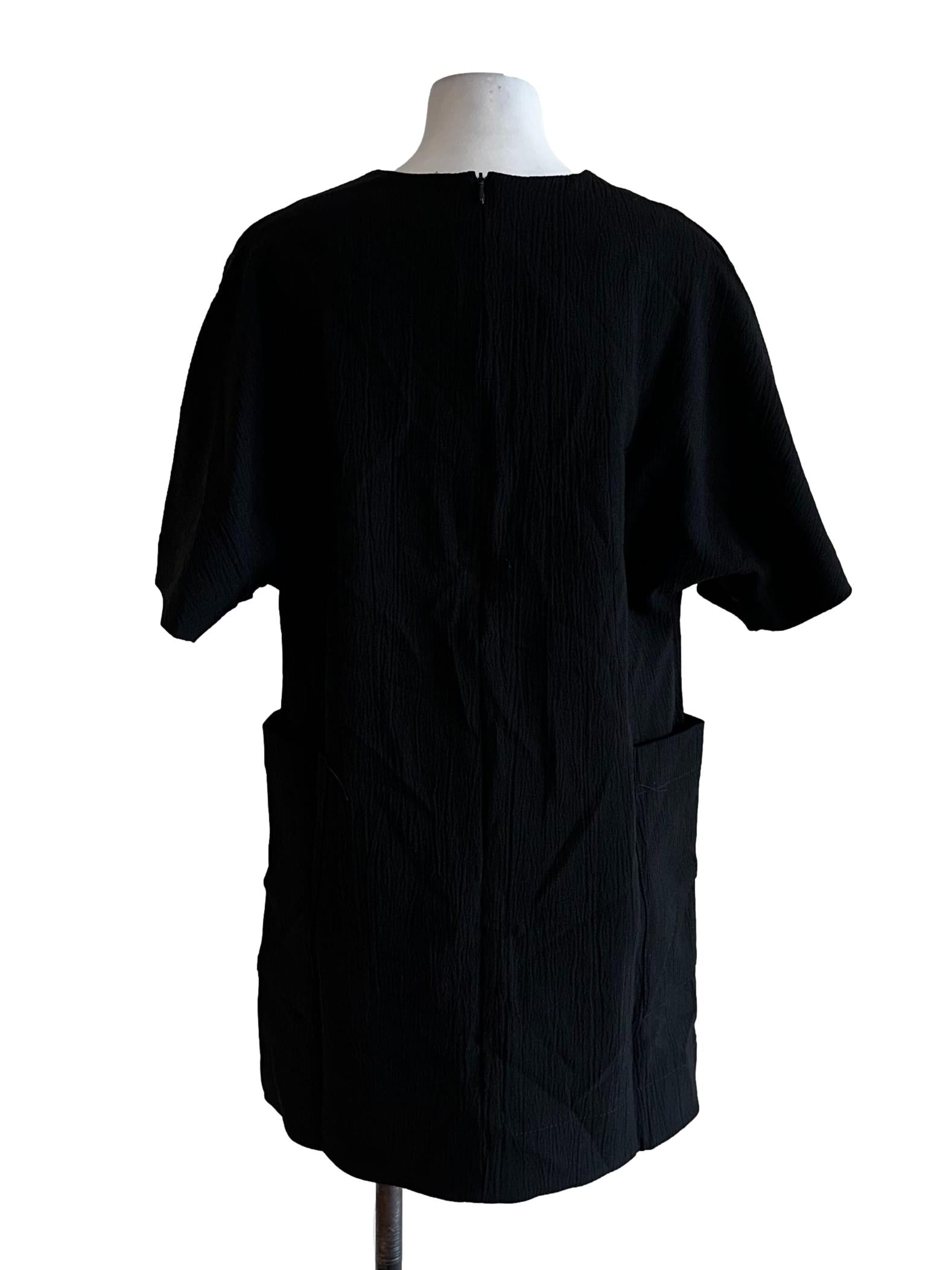 Black Textured Pattern V Neckline Mini Dress