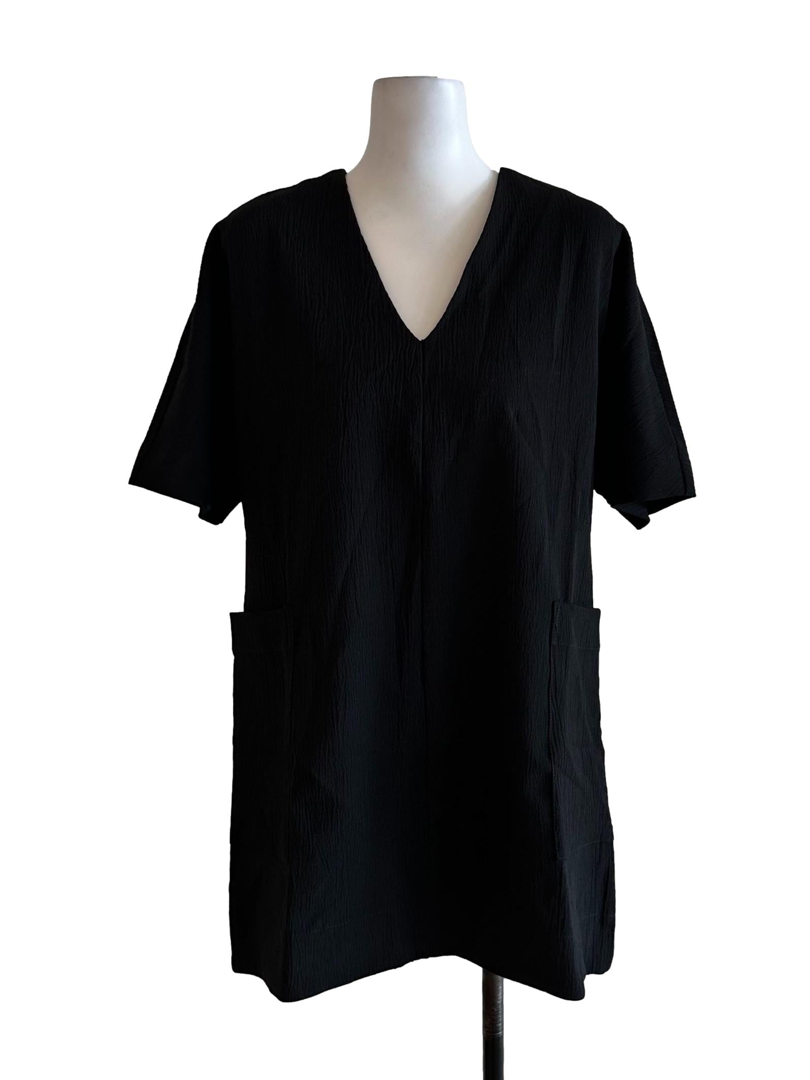 Black Textured Pattern V Neckline Mini Dress