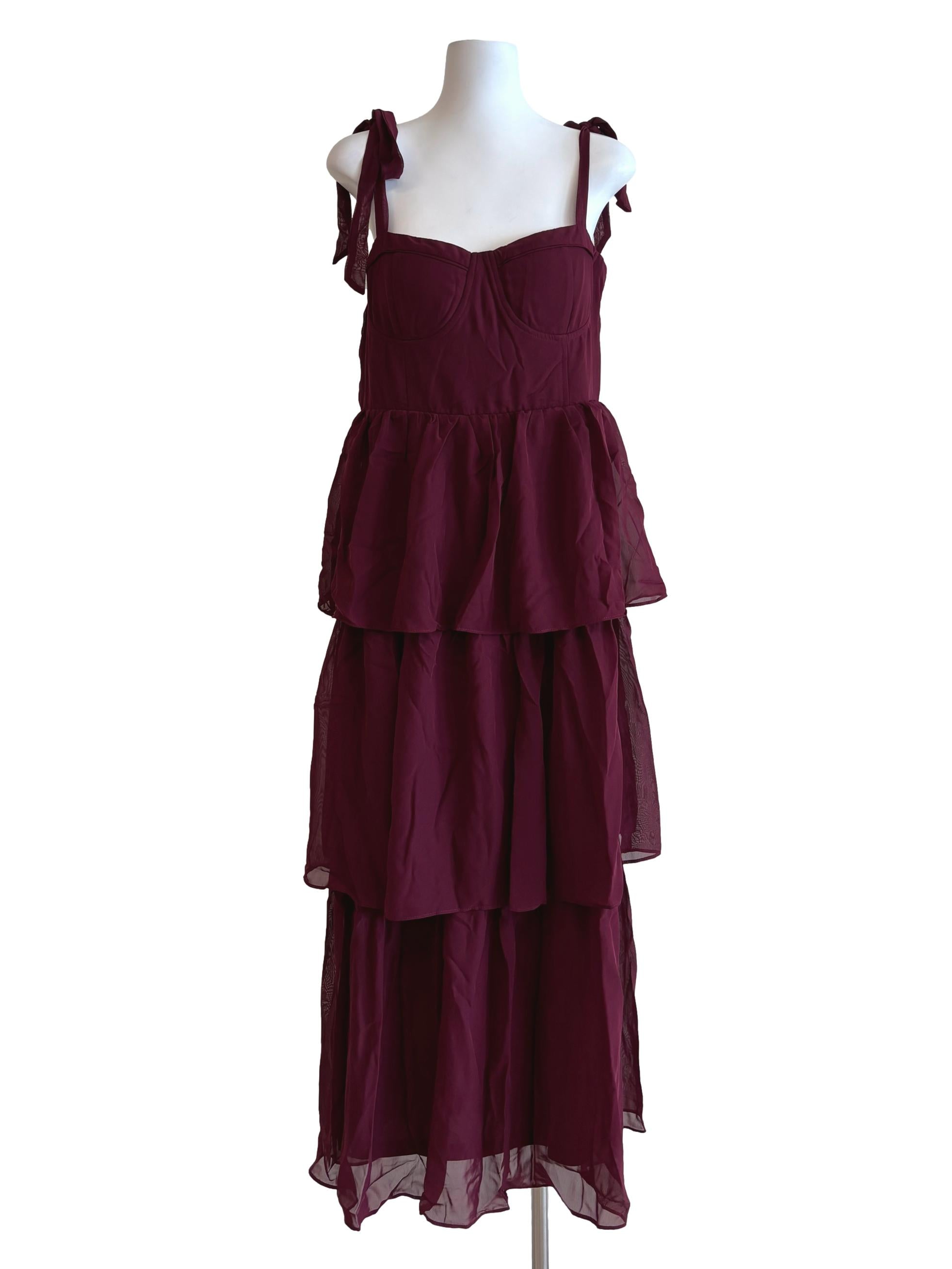 Maroon Ribbon Strap Tier Dress