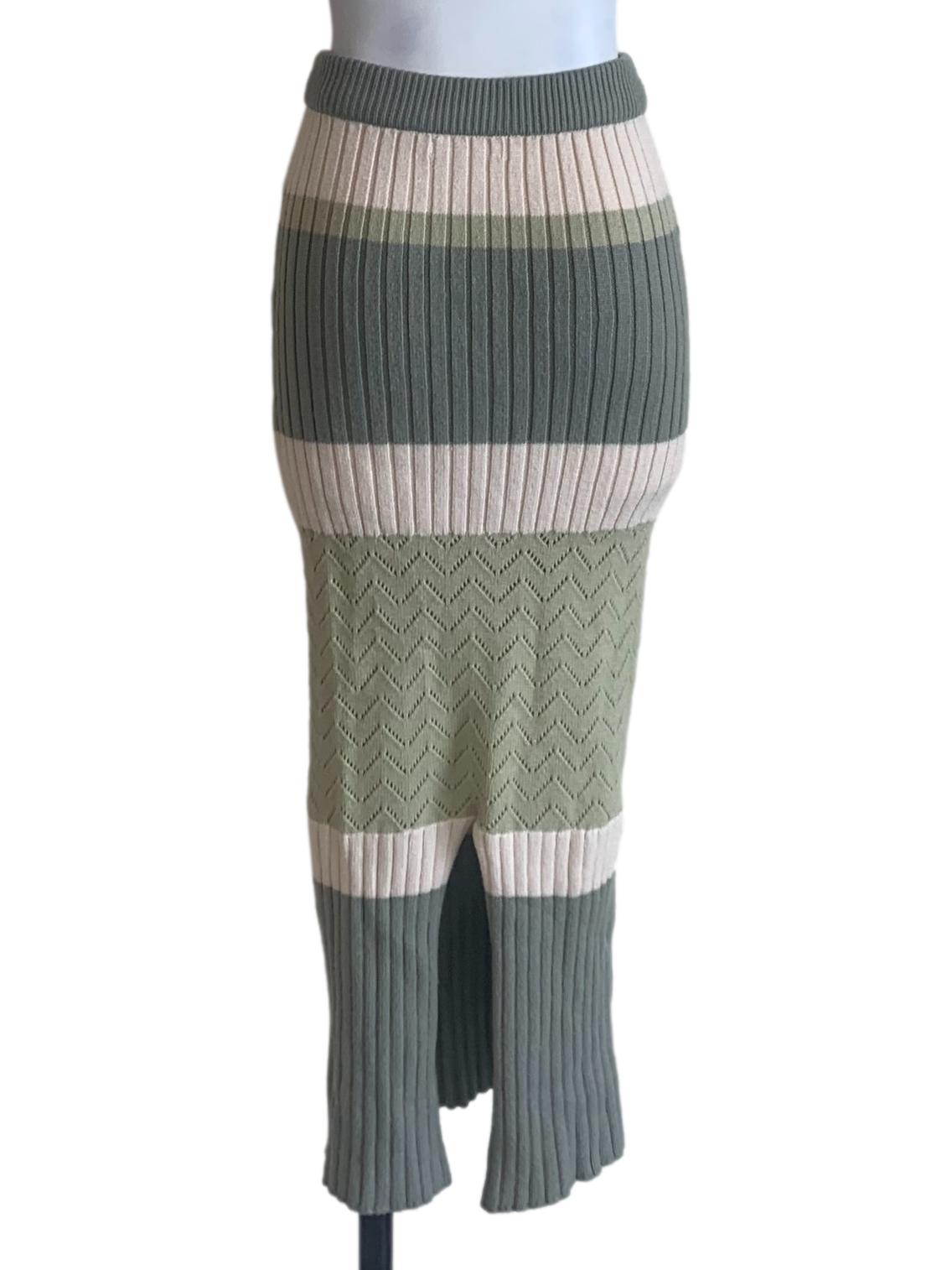 Sage Green Stripe Pattern Knit Skirt