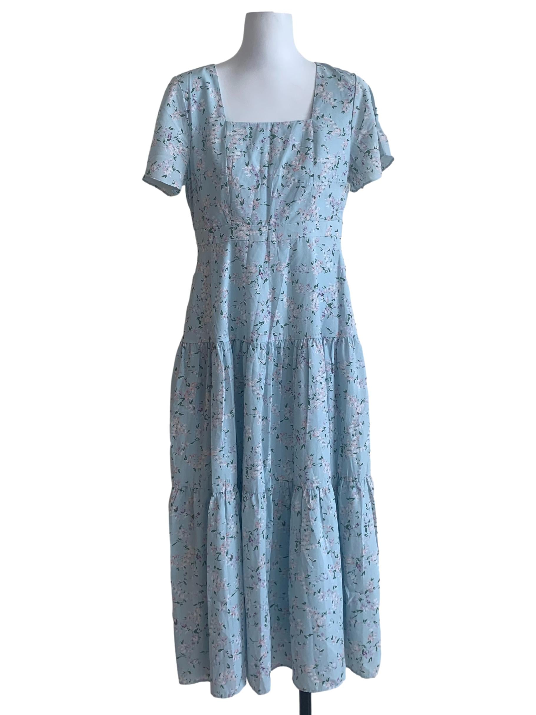 Sky Blue Floral Pattern Tiered Dress