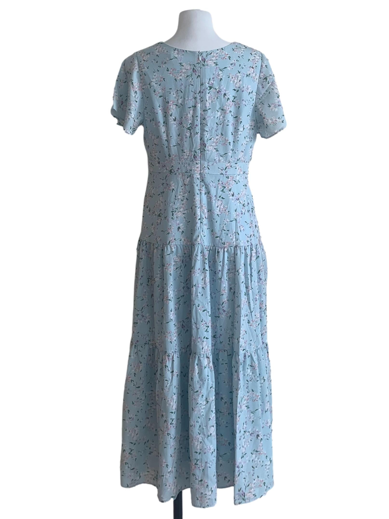 Sky Blue Floral Pattern Tiered Dress