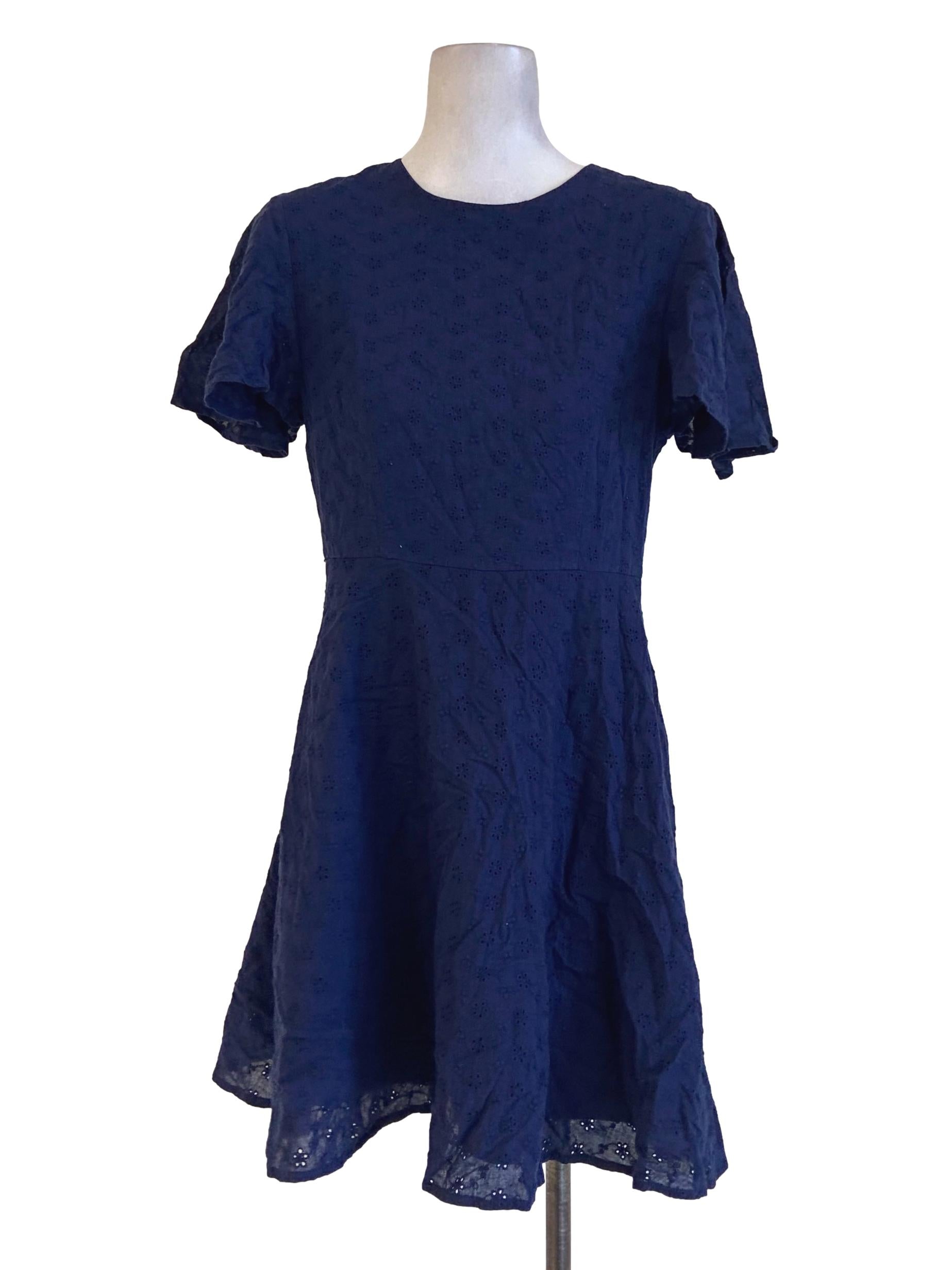 Navy Blue Floral Embroidery A-Line Dress