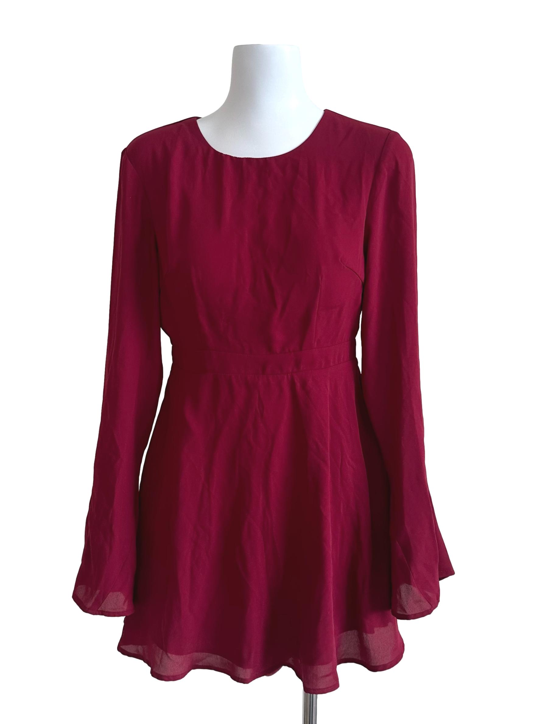 Maroon Red Plain Backless Dress YHF