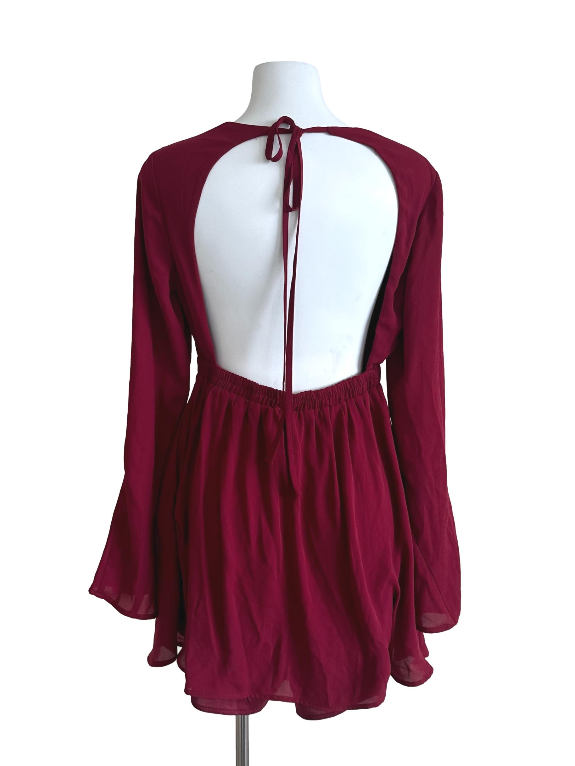 Maroon Red Plain Backless Dress YHF