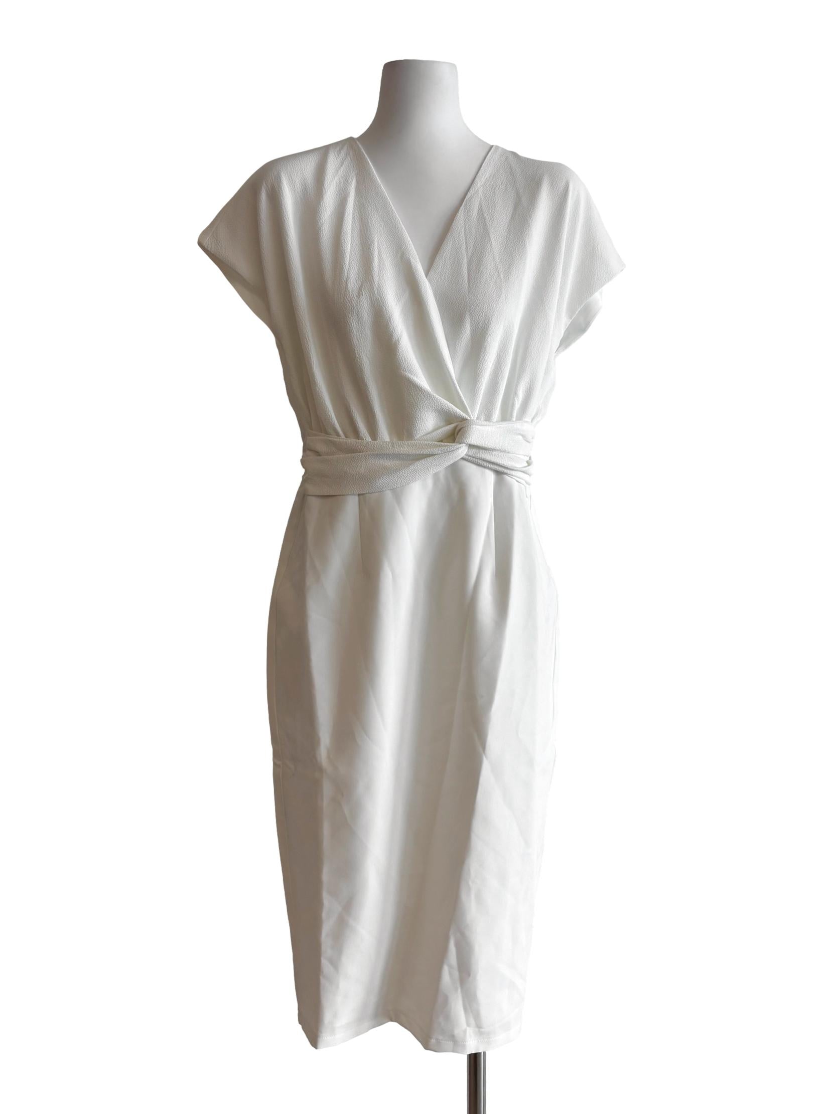 Powder White Surplice Front Twist Dress LB