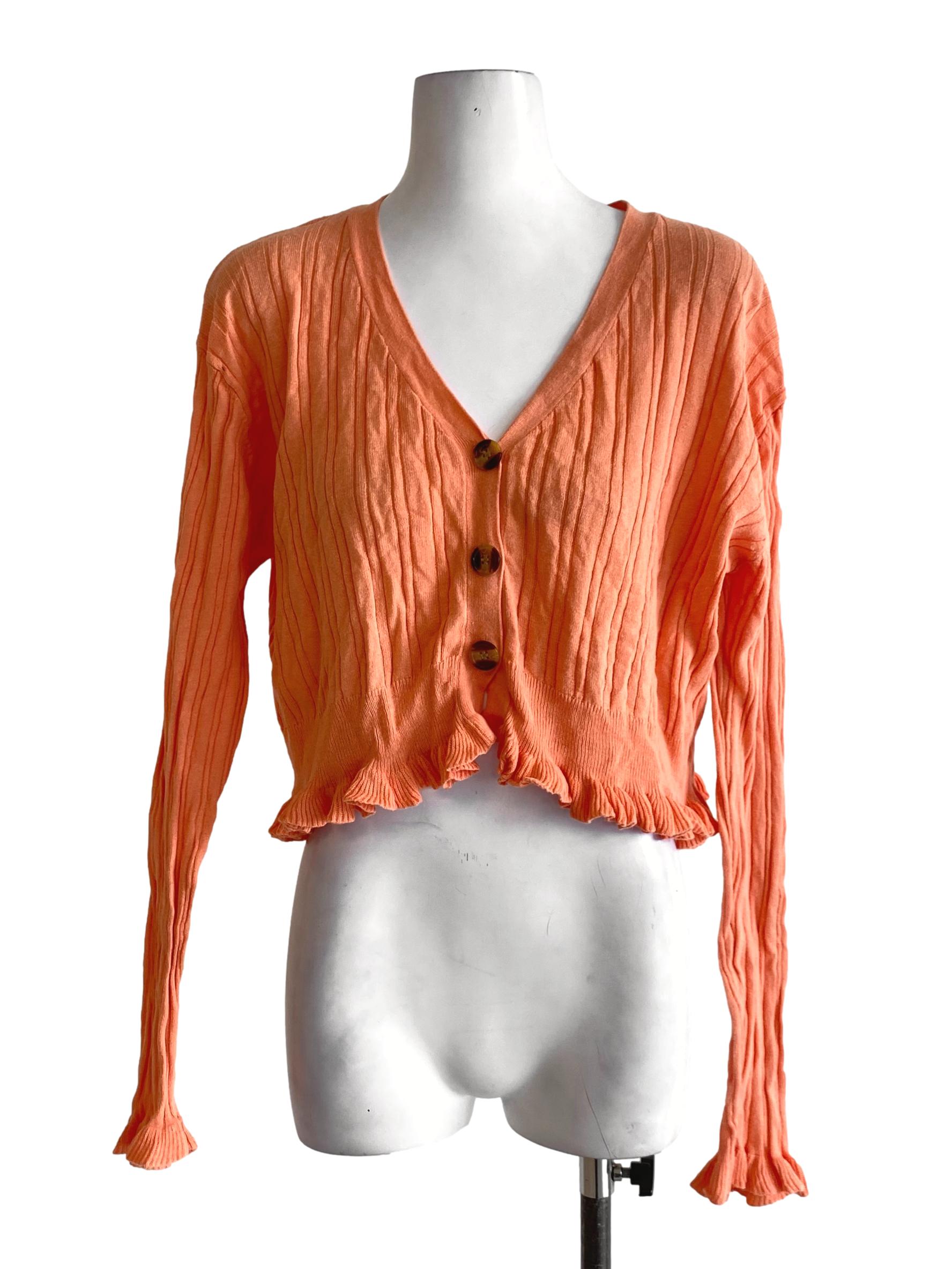 Cantaloupe Orange Buttoned Down V-Neck Poet Knitted Top