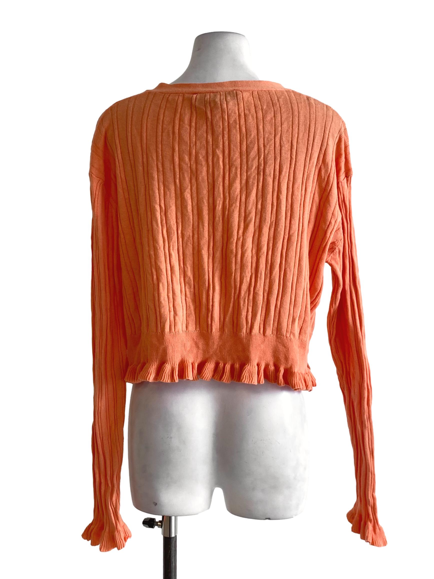 Cantaloupe Orange Buttoned Down V-Neck Poet Knitted Top