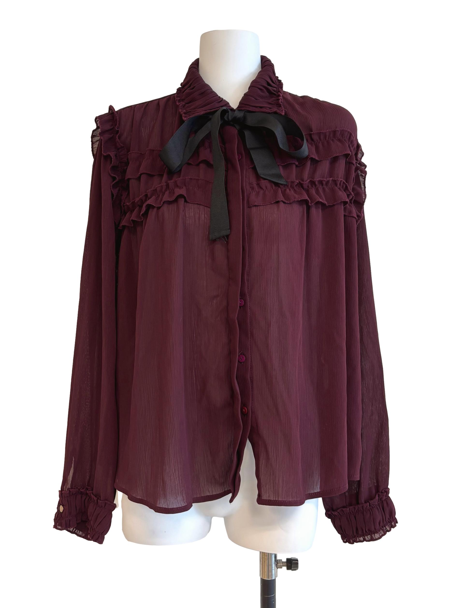 Merlot Red Ruffle Sheer Blouse