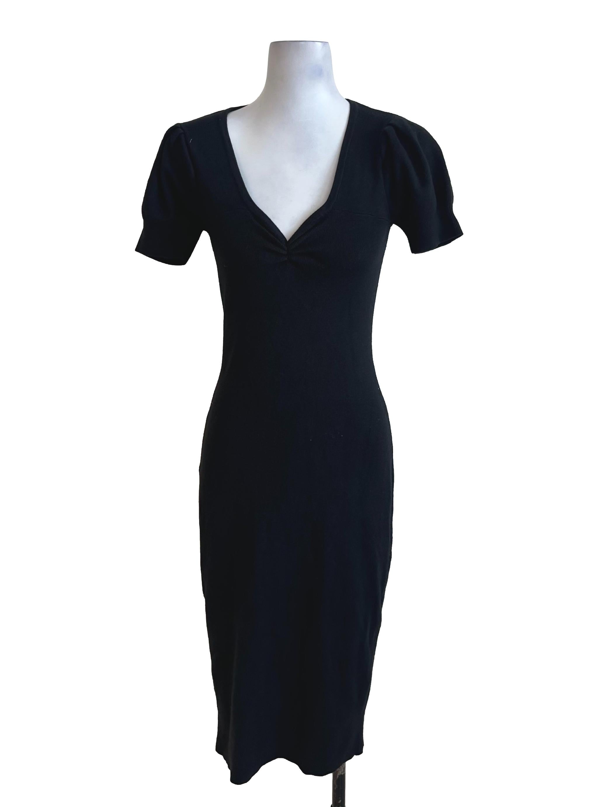 Pure Black Knit Circular Cap Sleeve Slit Dress