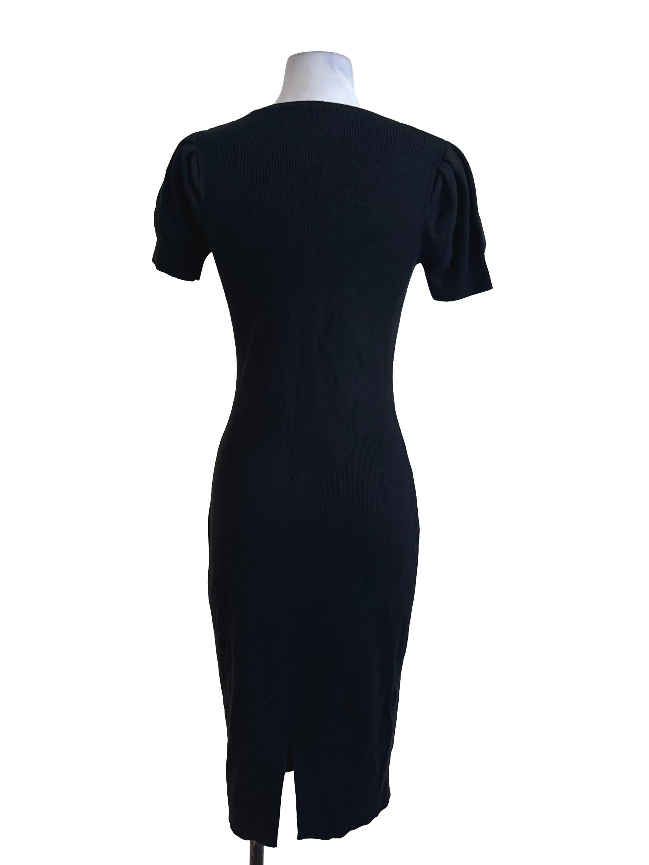 Pure Black Knit Circular Cap Sleeve Slit Dress