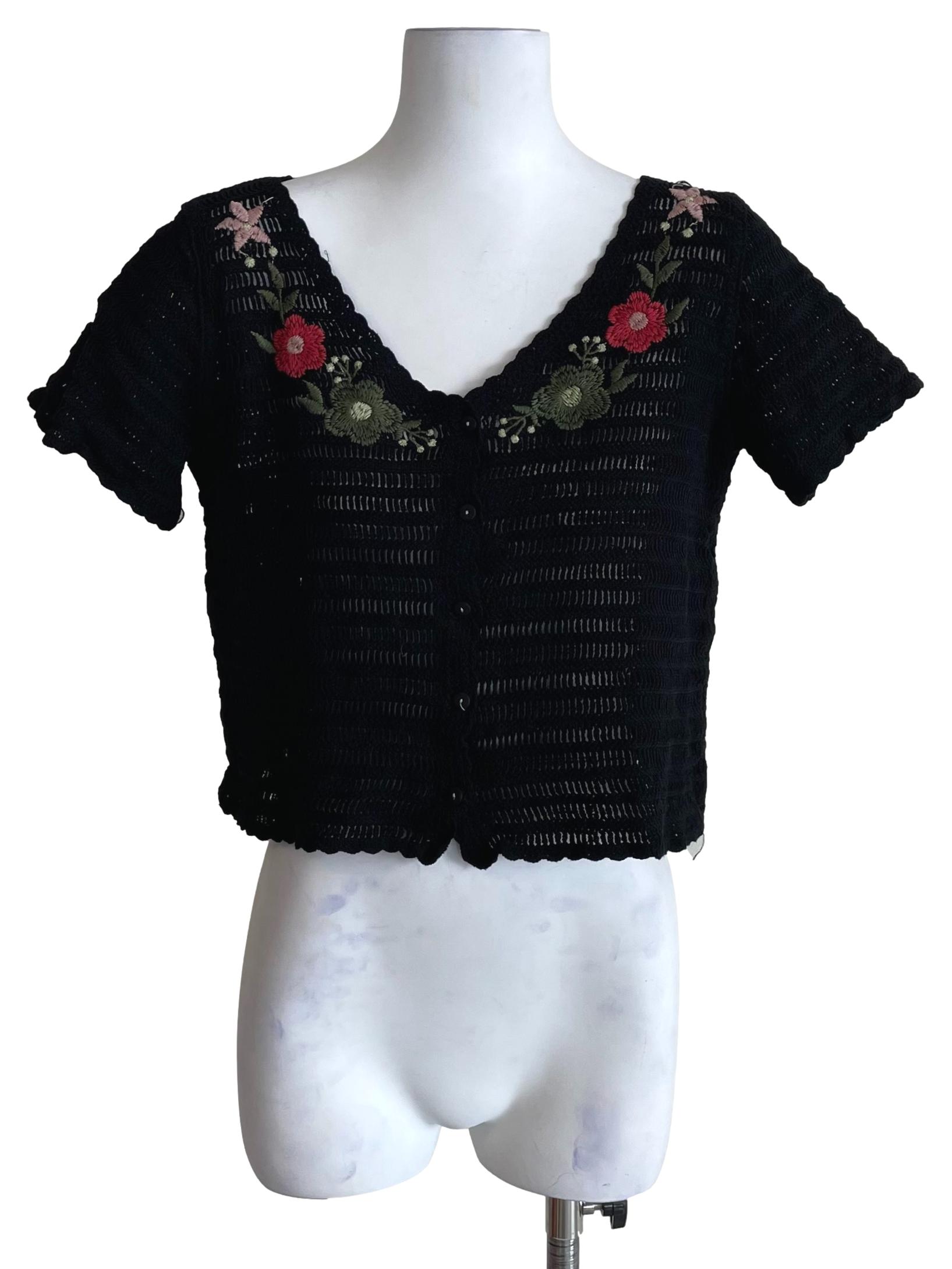 Black Floral Short Sleeves Knit Top