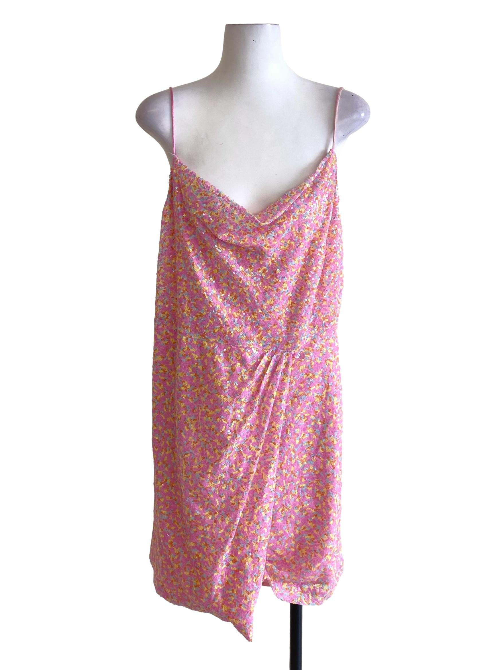 Taffy Pink Beaded Drape Spaghetti Strap Slip Dress