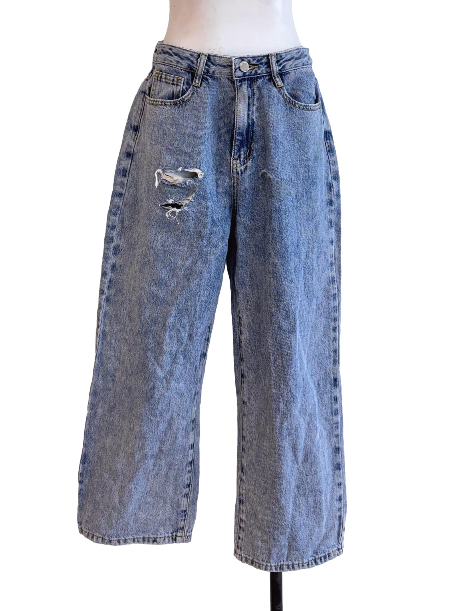 Mid Wash Distressed Wide-Leg Jeans