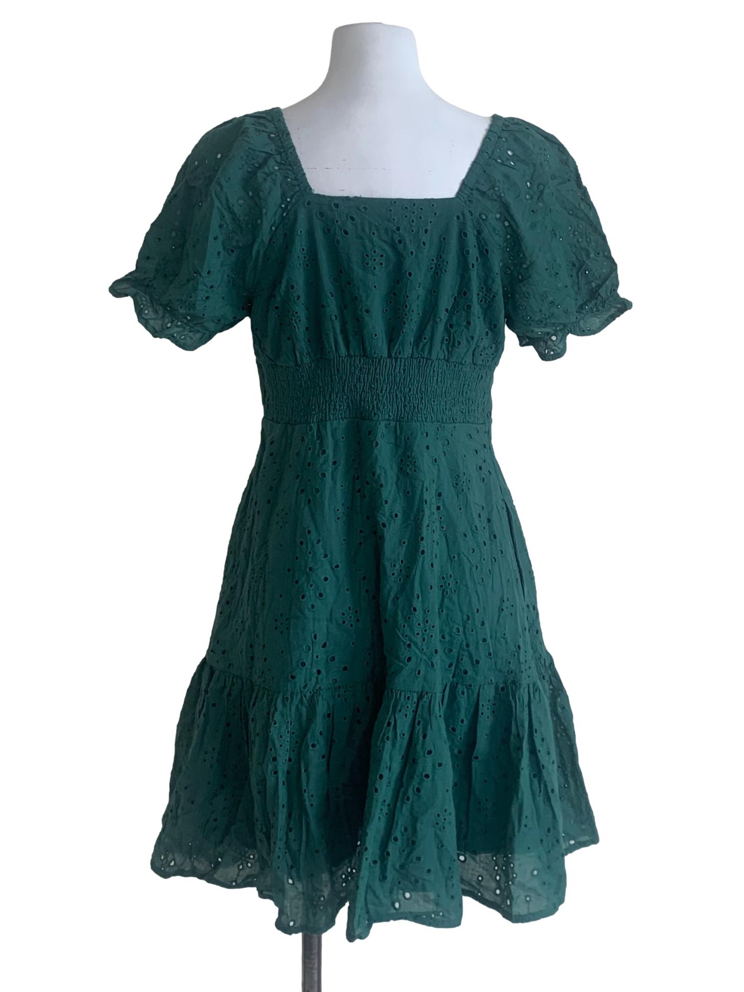 Pickle Green Embroidery Pattern Peasant Dress
